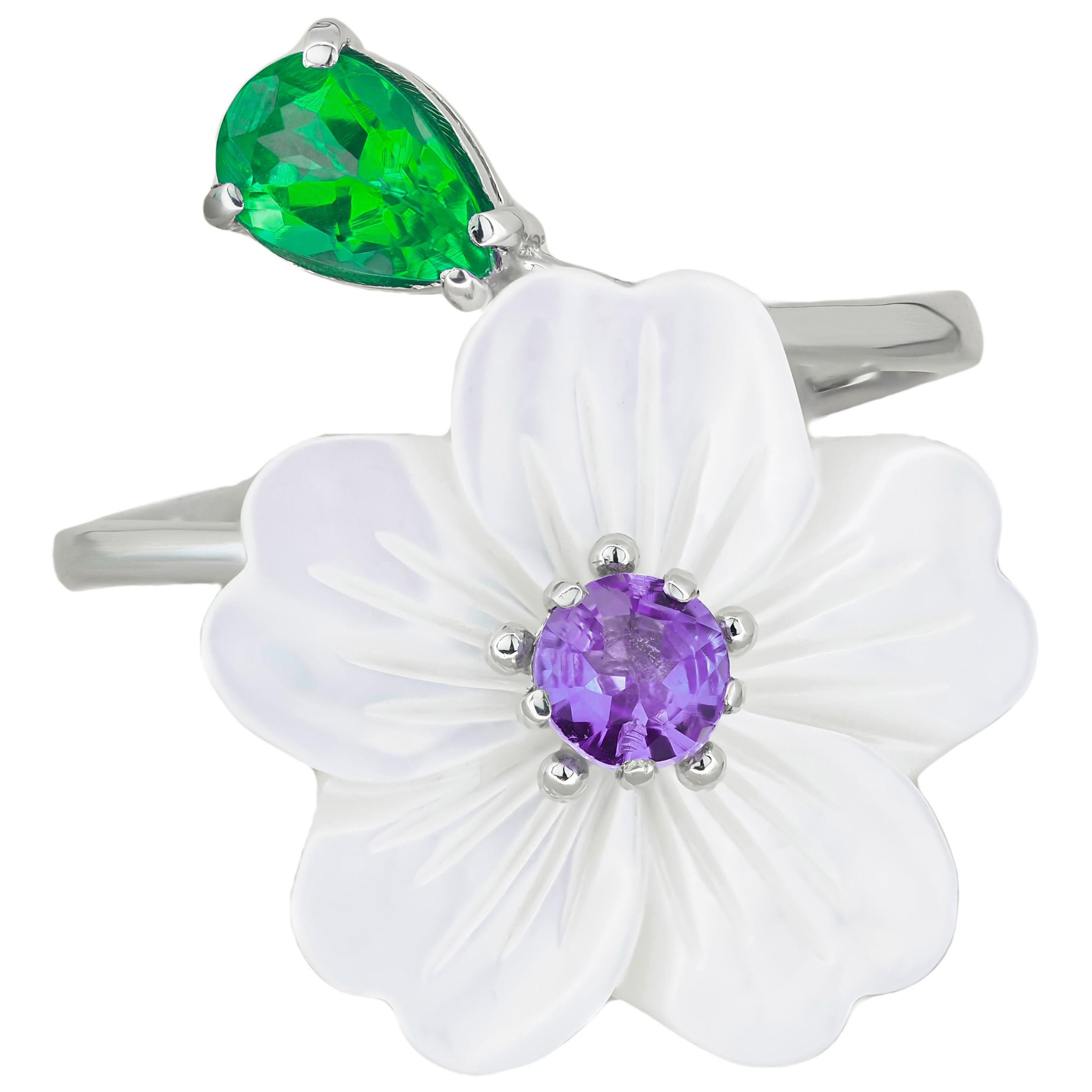 Carved Flower 14k ring with gemstones.