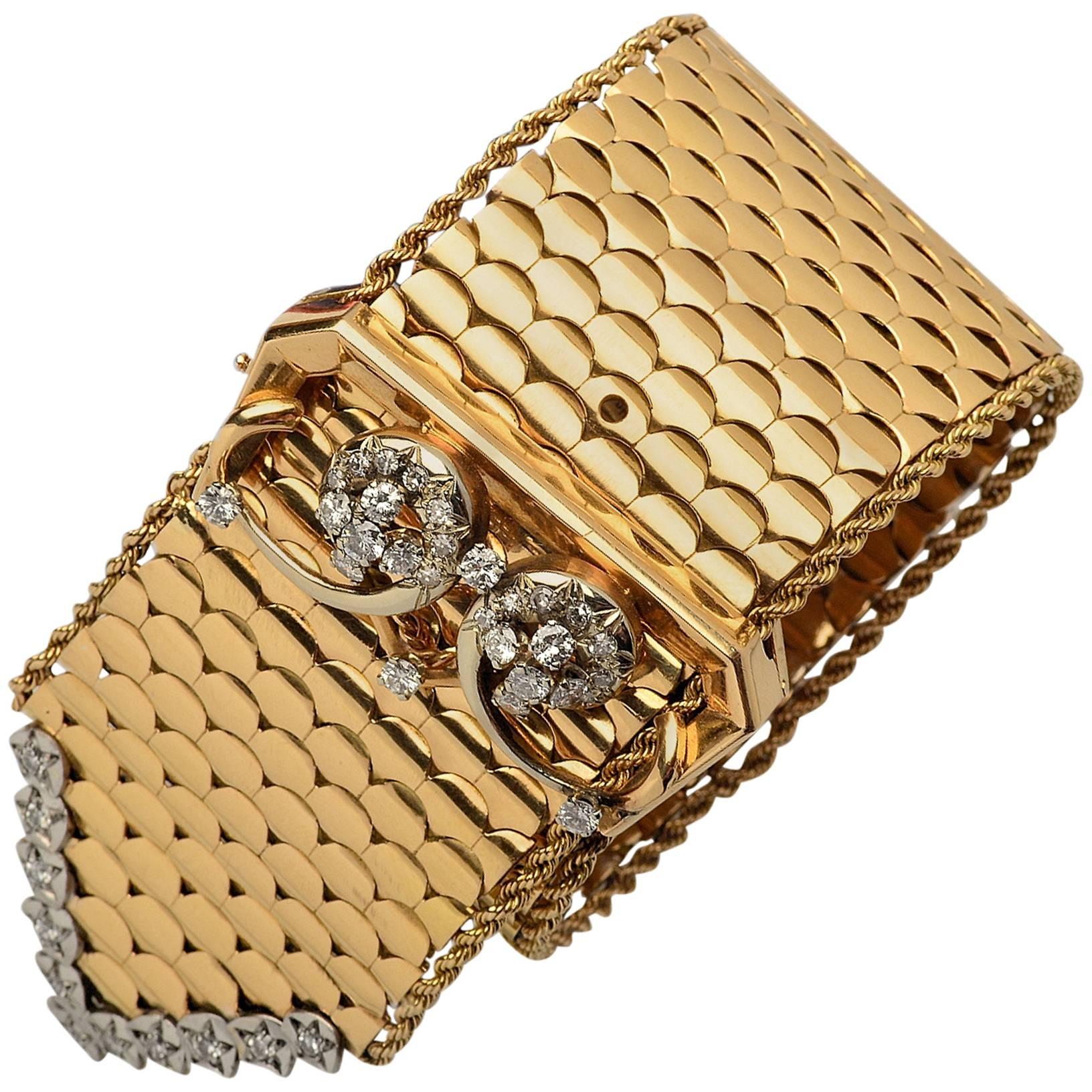 1940s Diamond Gold Belt Buckle Bracelet