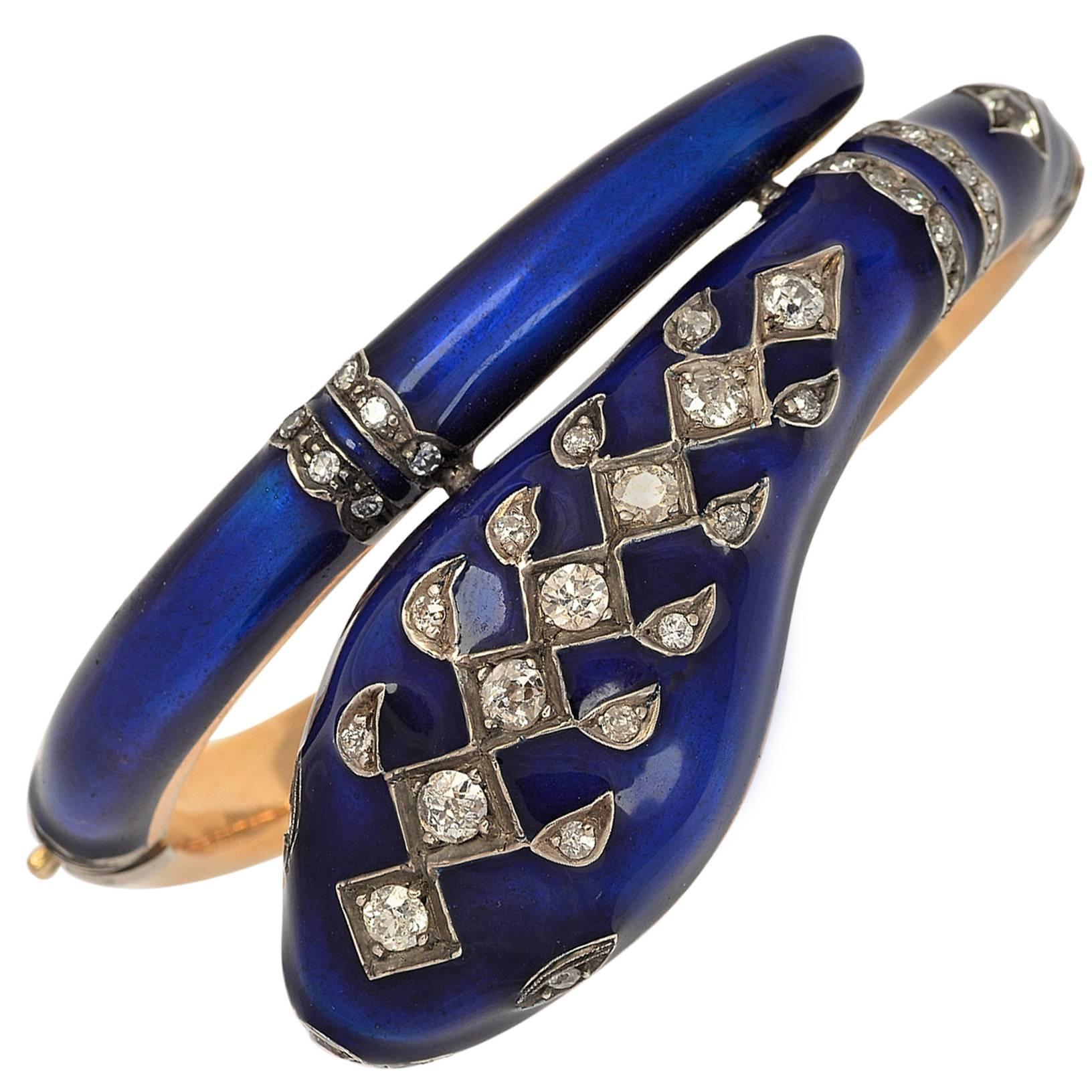 Diamond Silver Gold Blue Enamel Snake Bracelet For Sale