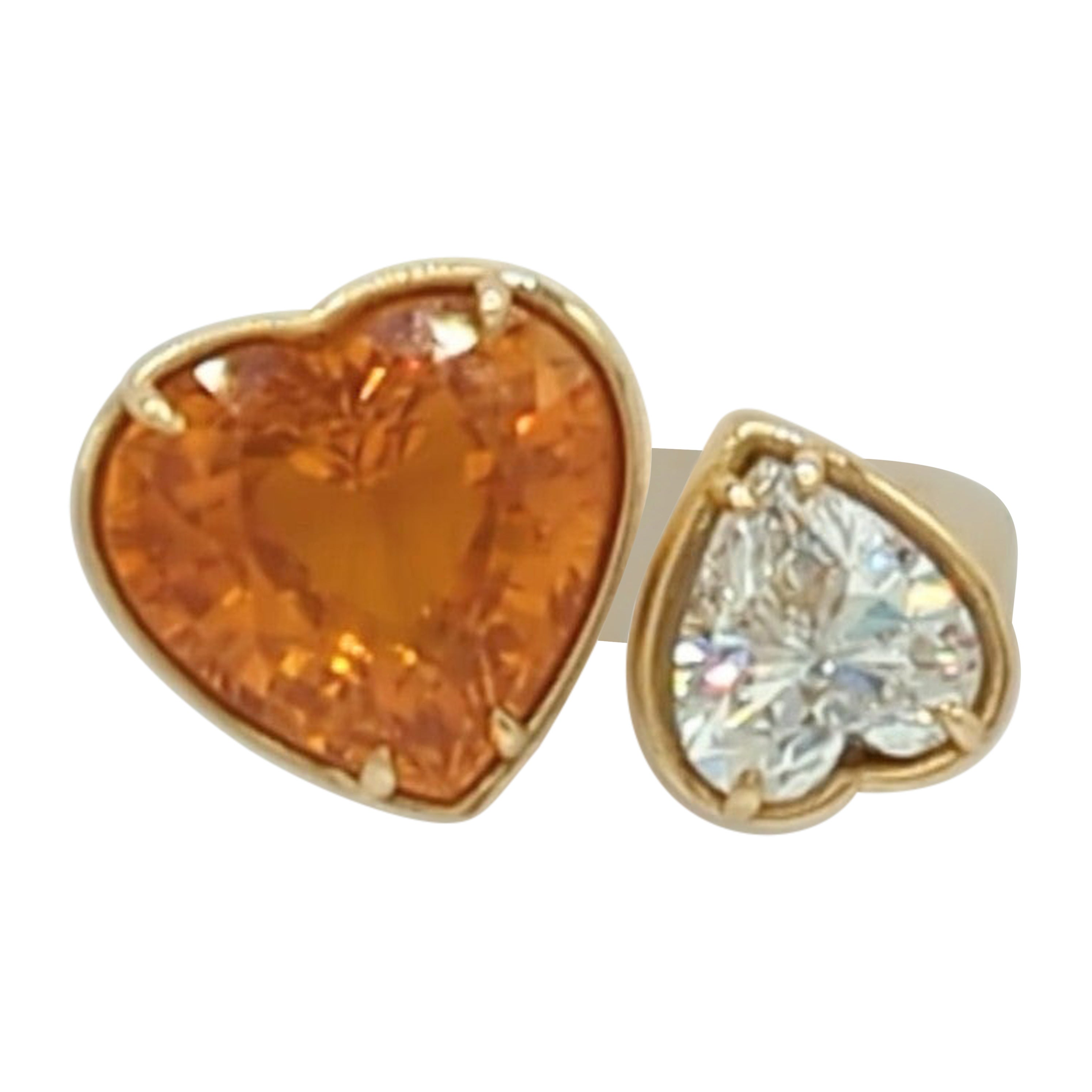 GIA Orange Sapphire and White Diamond Toi Et Moi Ring in 18K Yellow Gold For Sale