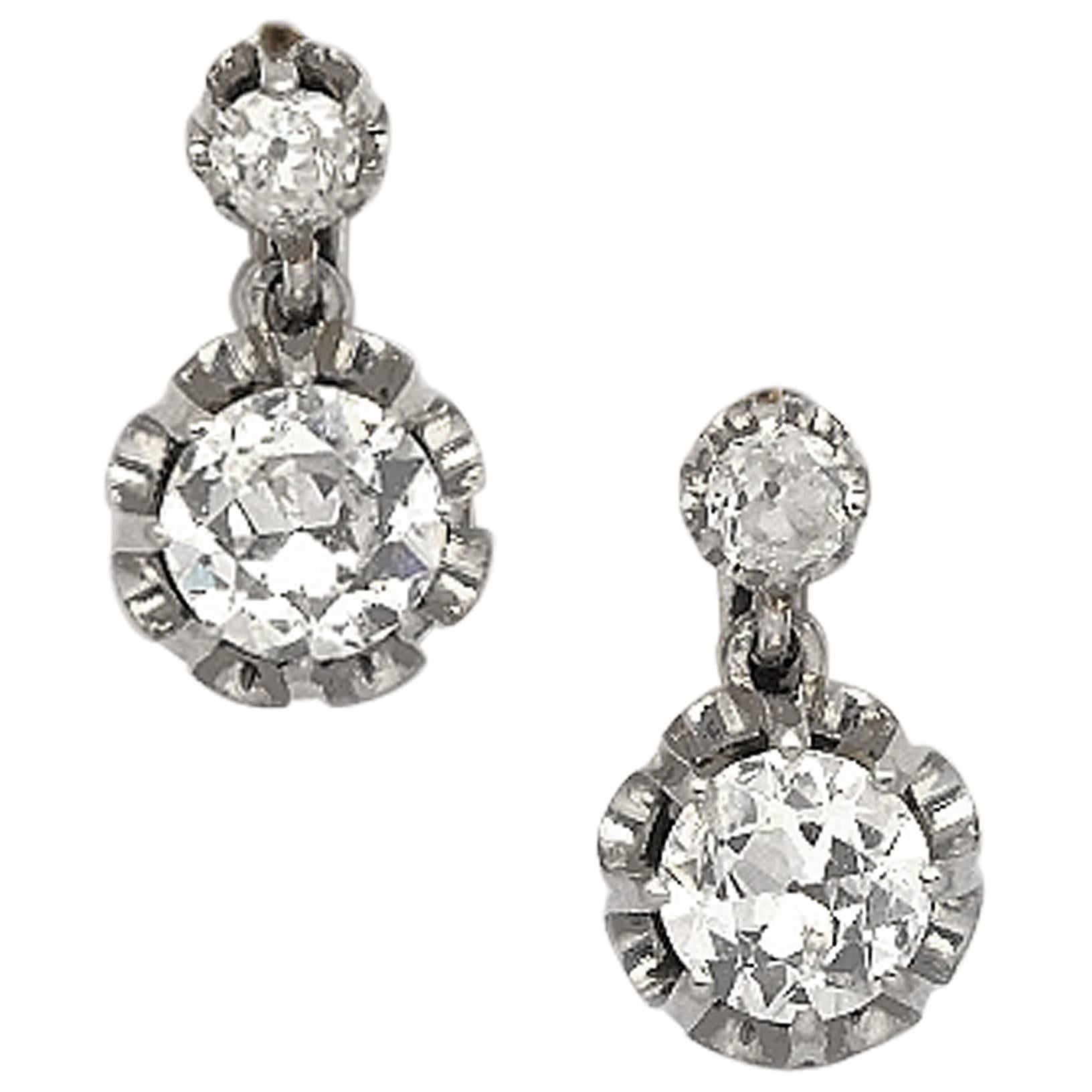 19th Century Old European Cut Diamond Platinum Earrings For Sale