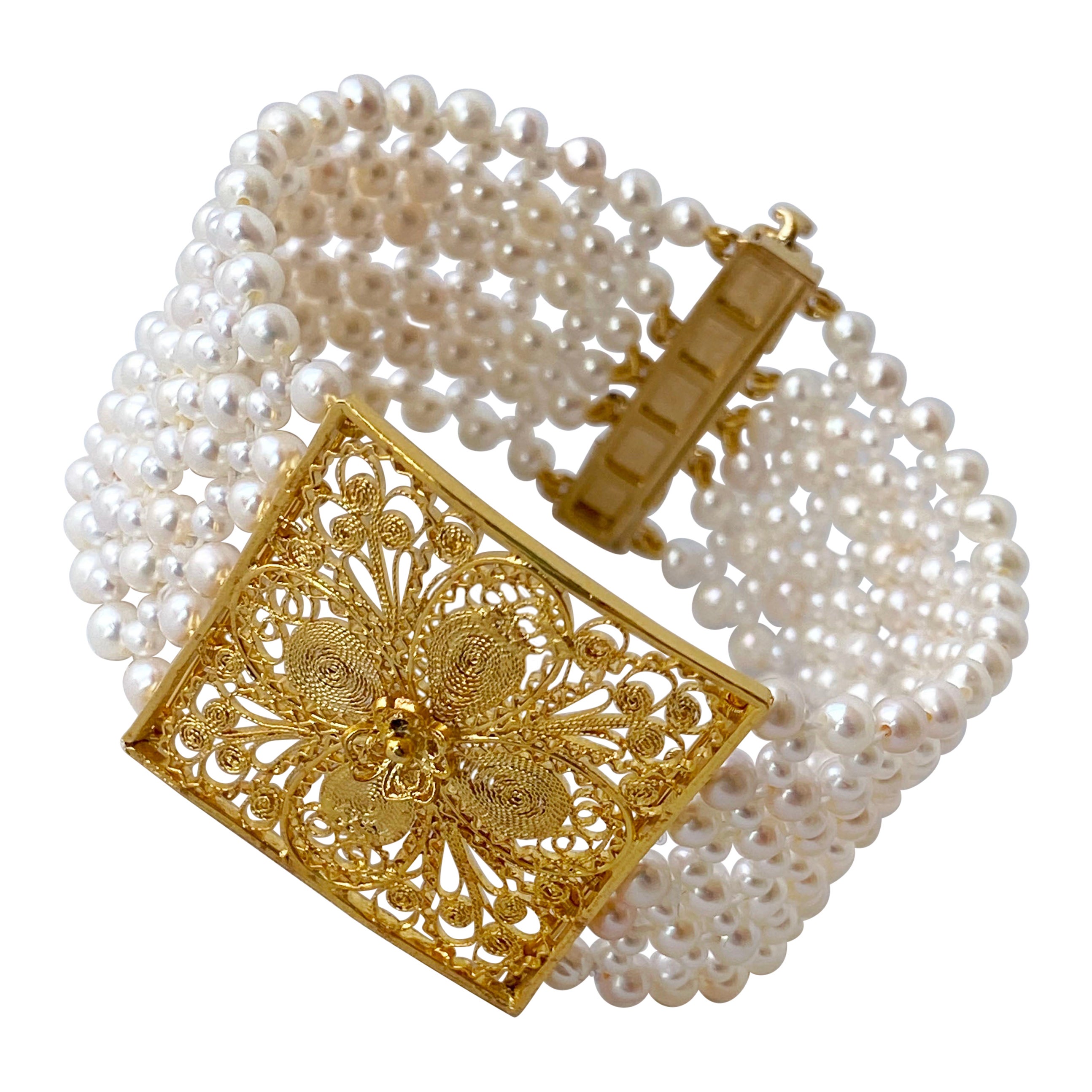 Marina J. Woven Pearl Bracelet with 18k Yellow Gold Floral Centerpiece & Clasp
