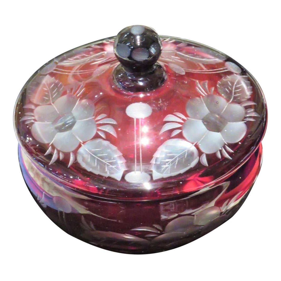 Rare Large French Bohemian Cranberry Glass Centerpiece Lidded Bowl For Sale