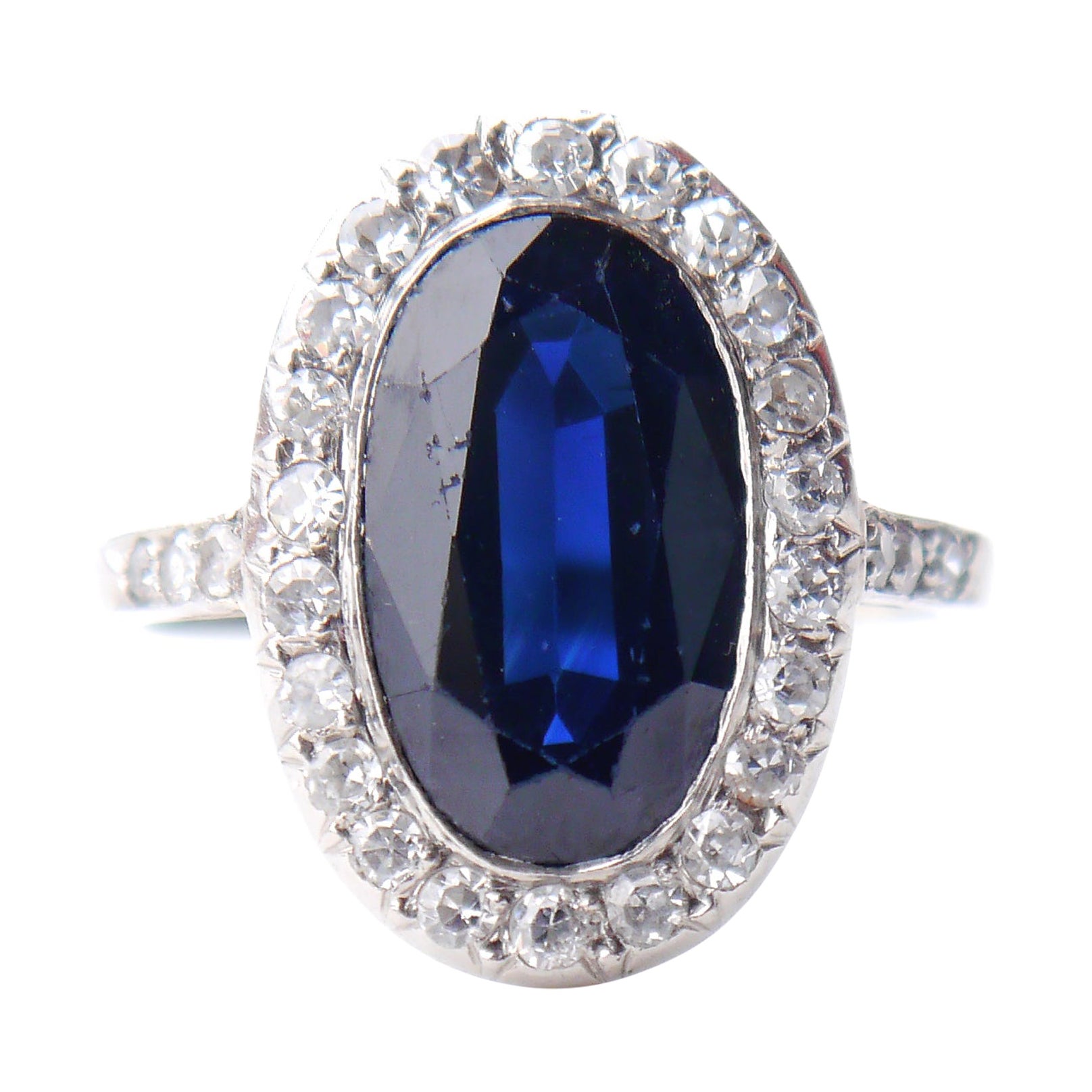 Antique Halo Ring 4ct Sapphire 1ctw Diamonds solid Platinum Ø6.25US/4.3 gr For Sale