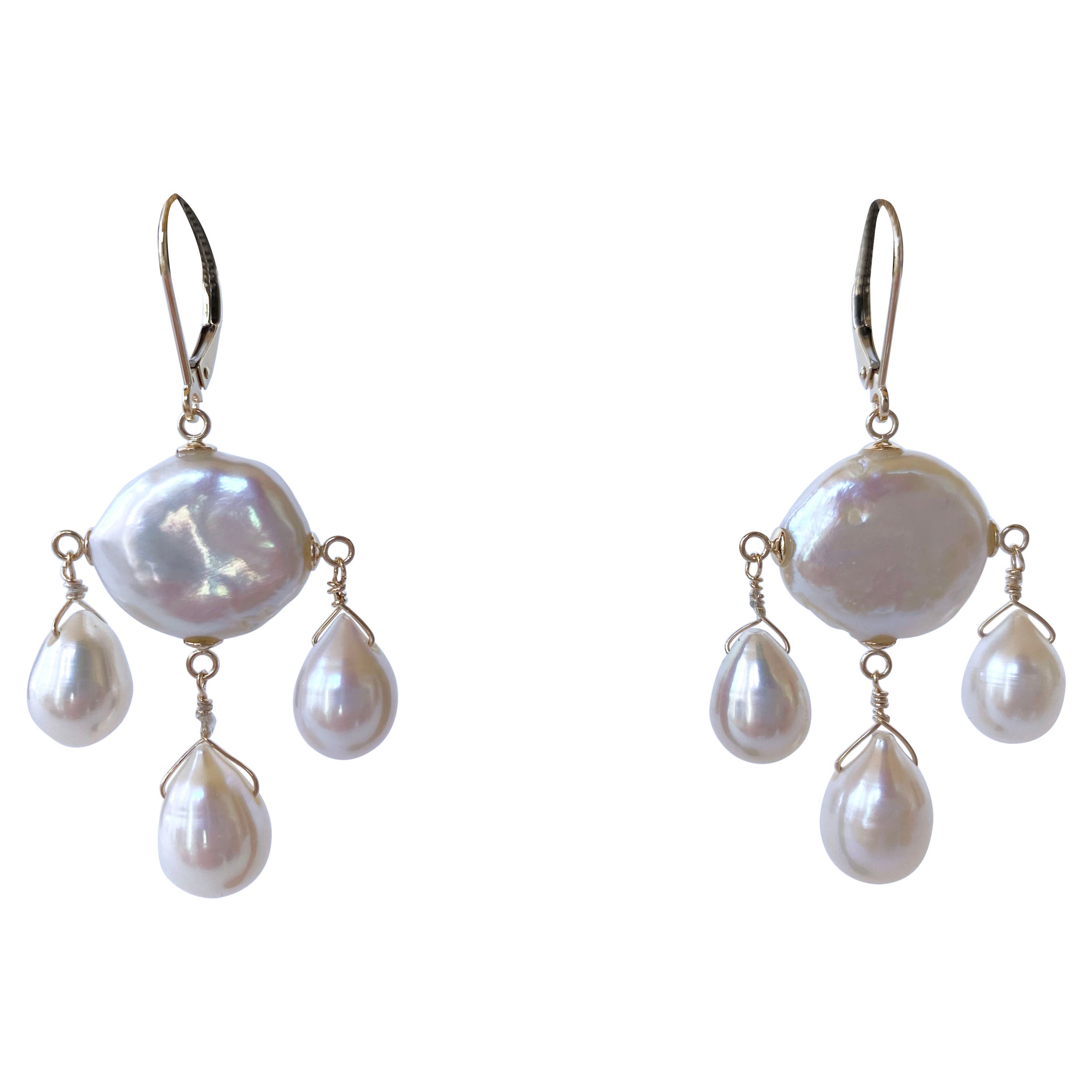 Marina J. Coin & Baroque Pearl Chandelier Earrings with solid 14k Yellow Gold For Sale