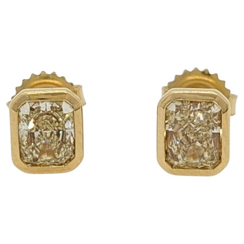 GIA Diamond Radiant Stud Earrings in 18K Yellow Gold For Sale
