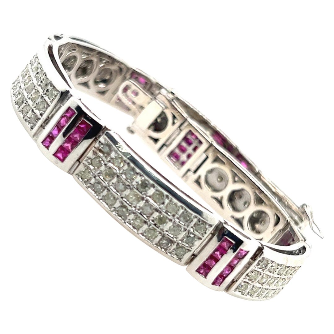 Modern 14k White Gold 10 Carat Natural Diamond and Ruby 8.5 Inch Long Bracelet