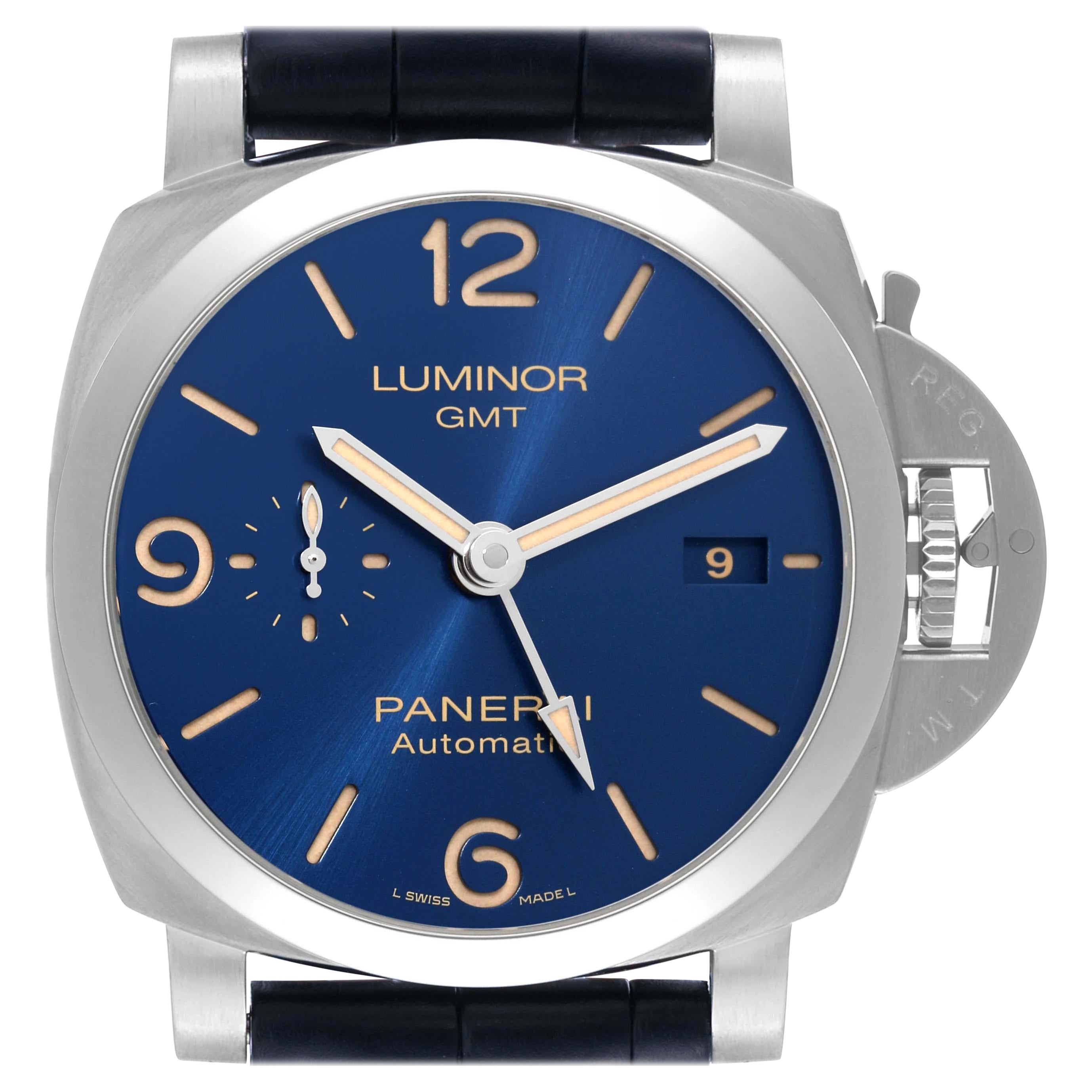 Panerai Luminor 1950 3 Days GMT Blue Dial Steel Mens Watch PAM01033 Box Papers For Sale
