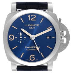Used Panerai Luminor 1950 3 Days GMT Blue Dial Steel Mens Watch PAM01033 Box Papers