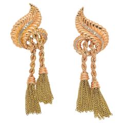 Retro Tassel 1940s Pink and Yellow Gold 18 Karat Diamonds Earrings 2