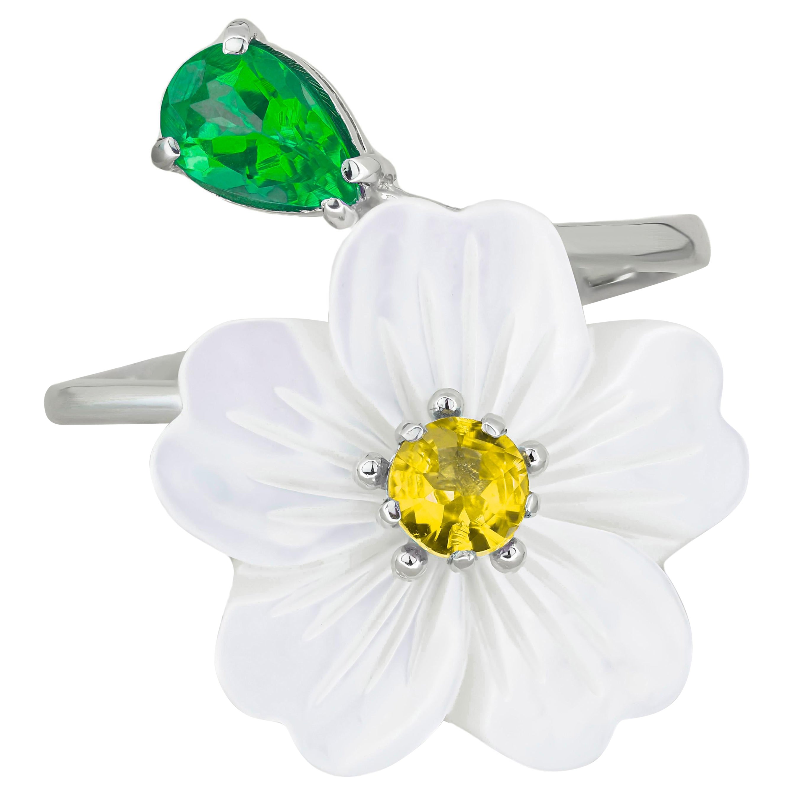 Carved Flower 14k ring with gemstones.