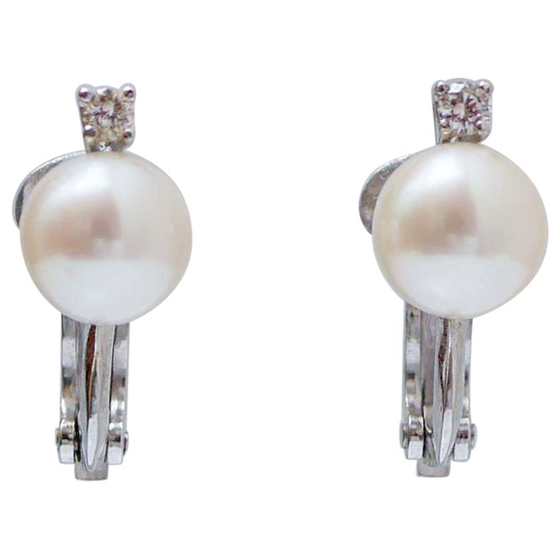 Pearls, Diamonds, 18 Karat White Gold Earrings. For Sale