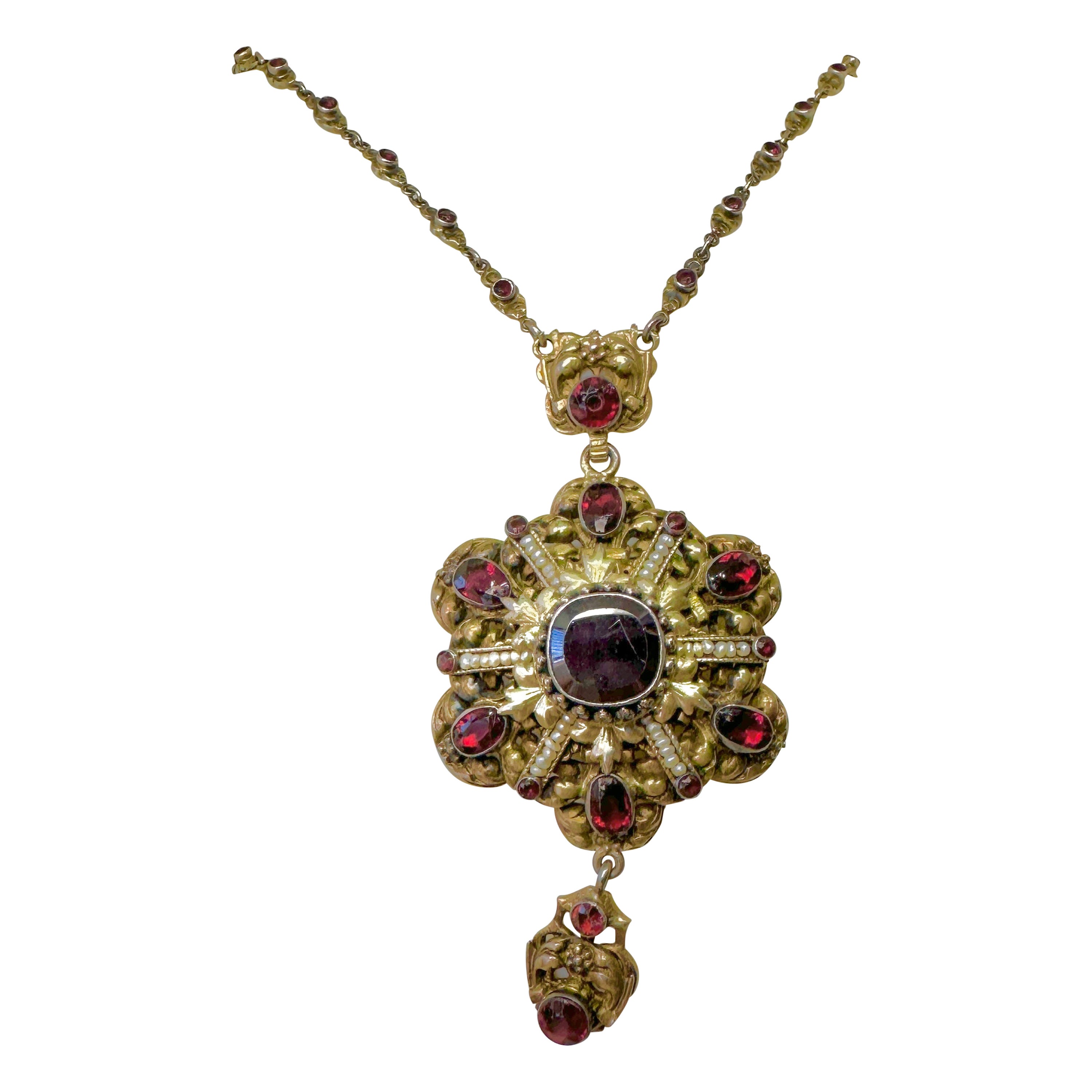 Garnet Pearl Necklace Austro-Hungarian Renaissance Revival Antique Flower Motif For Sale