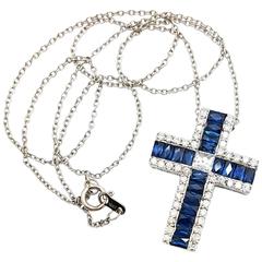  Diamond and Sapphire Cross Pendant Necklace