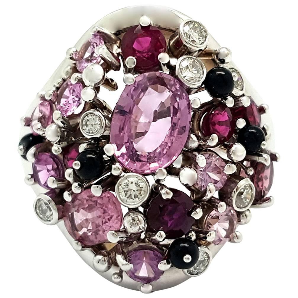 Marvelous 14k White Gold, Pink Sapphire & Diamond Confetti Cocktail Ring For Sale