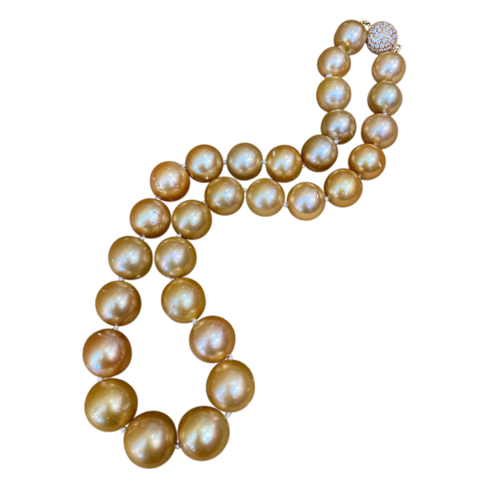 Golden South Sea Pearls with Pave Diamond Clasp Necklace 18k Yellow Gold For Sale
