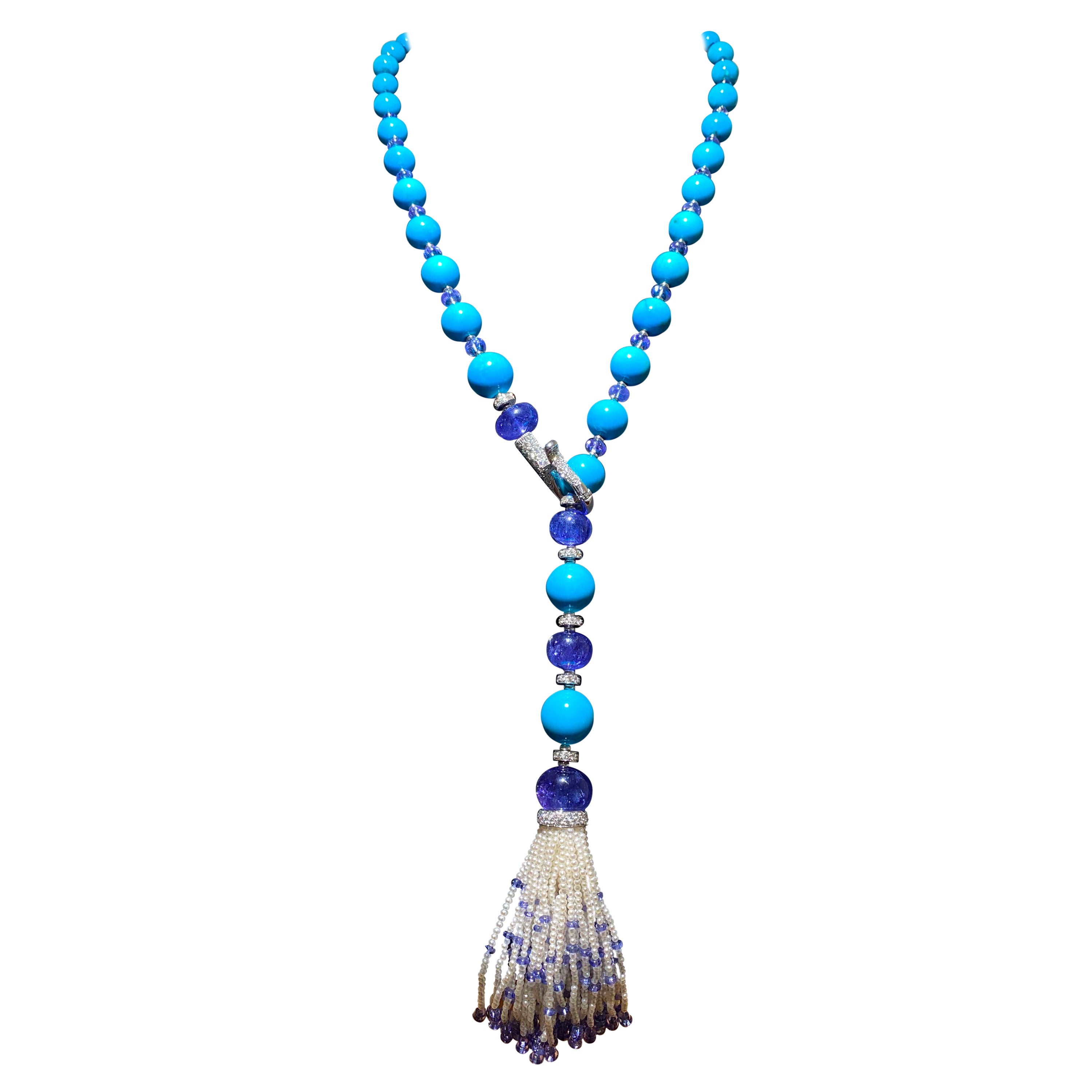 SCAVIA Turquoise Spheres Tanzanite Beads Pearls Necklace For Sale