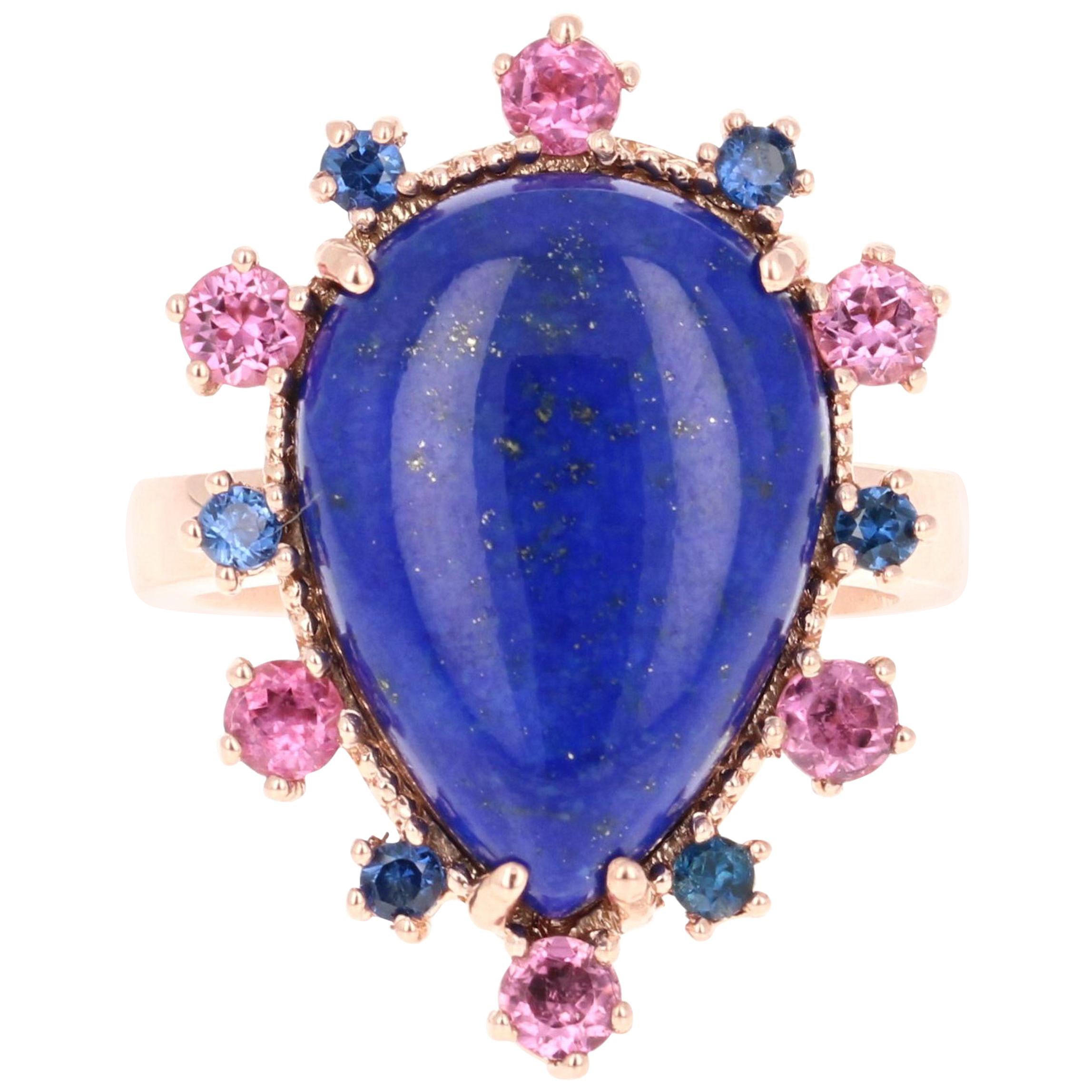 9.04 Carat Lapis Lazuli Tourmaline and Sapphire Cocktail Rose Gold Ring For Sale