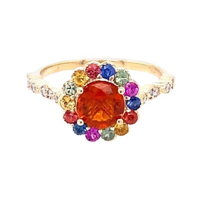 1.22 Carat Fire Opal Sapphire Diamond Yellow Gold Ring For Sale