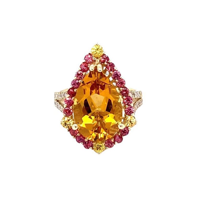 6.52 Carat Pear Cut Citrine Sapphire Diamond Yellow Gold Engagement Ring For Sale