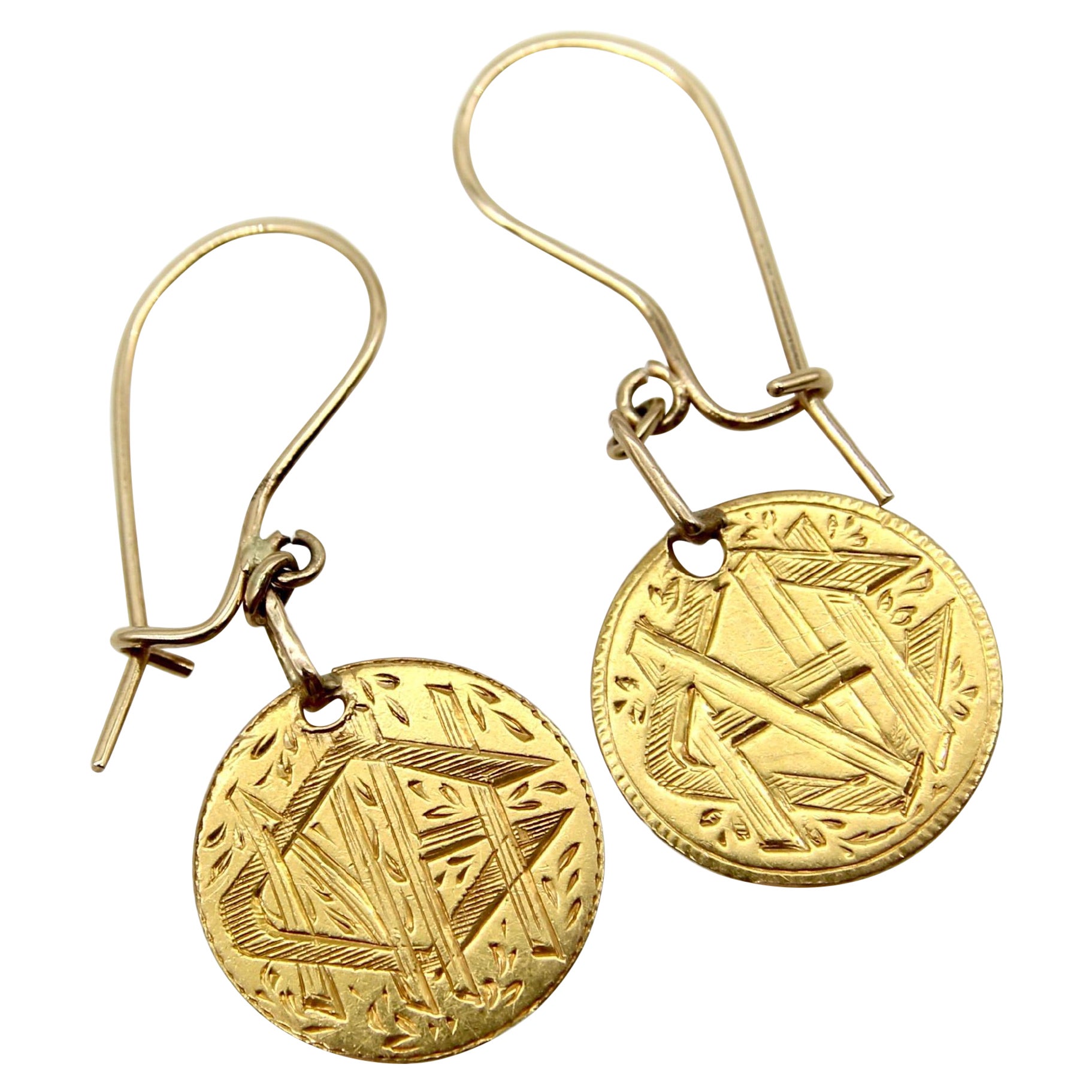 Victorian 22K Gold Hand Engraved Love Token Coin Earrings For Sale