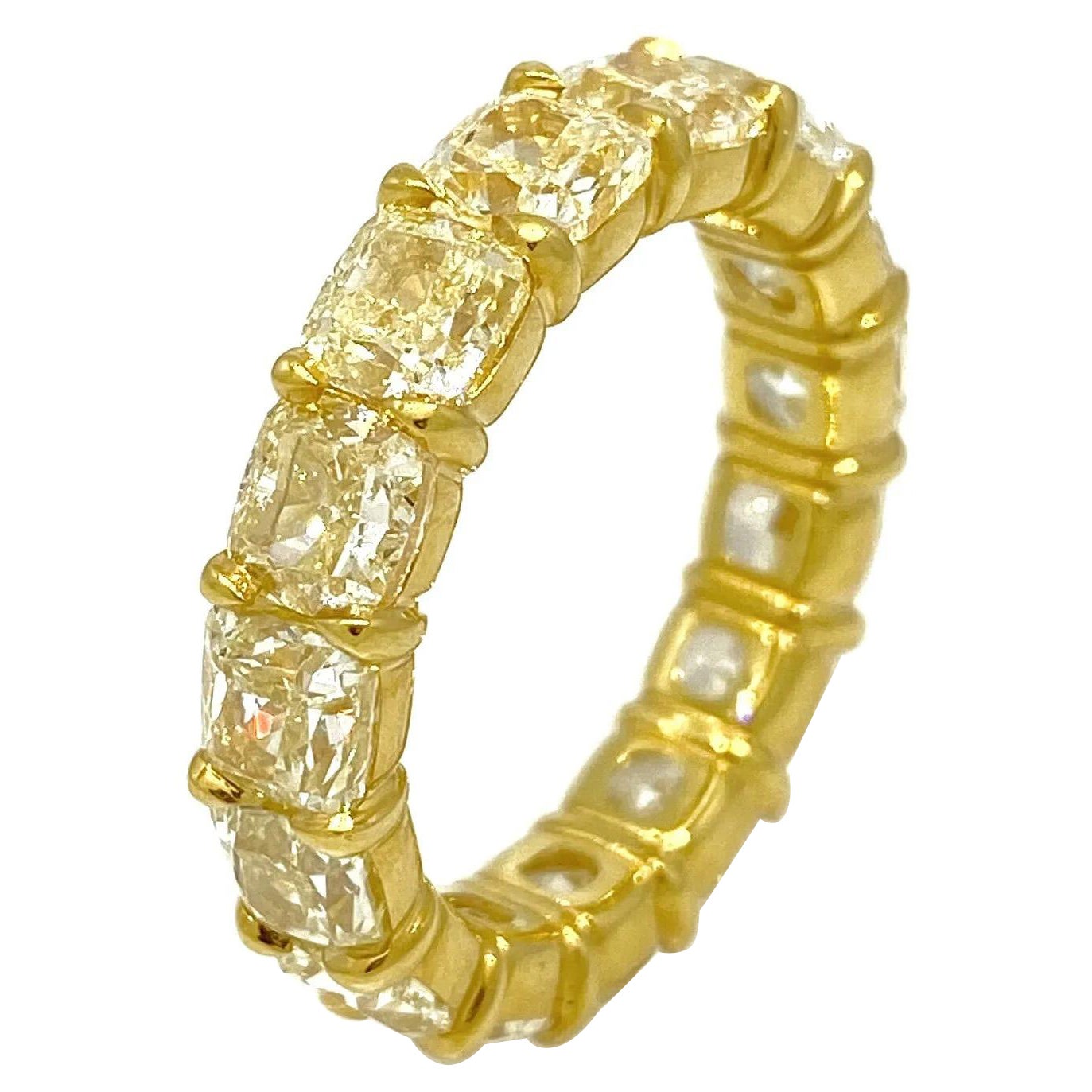 Light Yellow Cushion Diamond Eternity Ring 7.47 Carats in 18k Yellow Gold For Sale