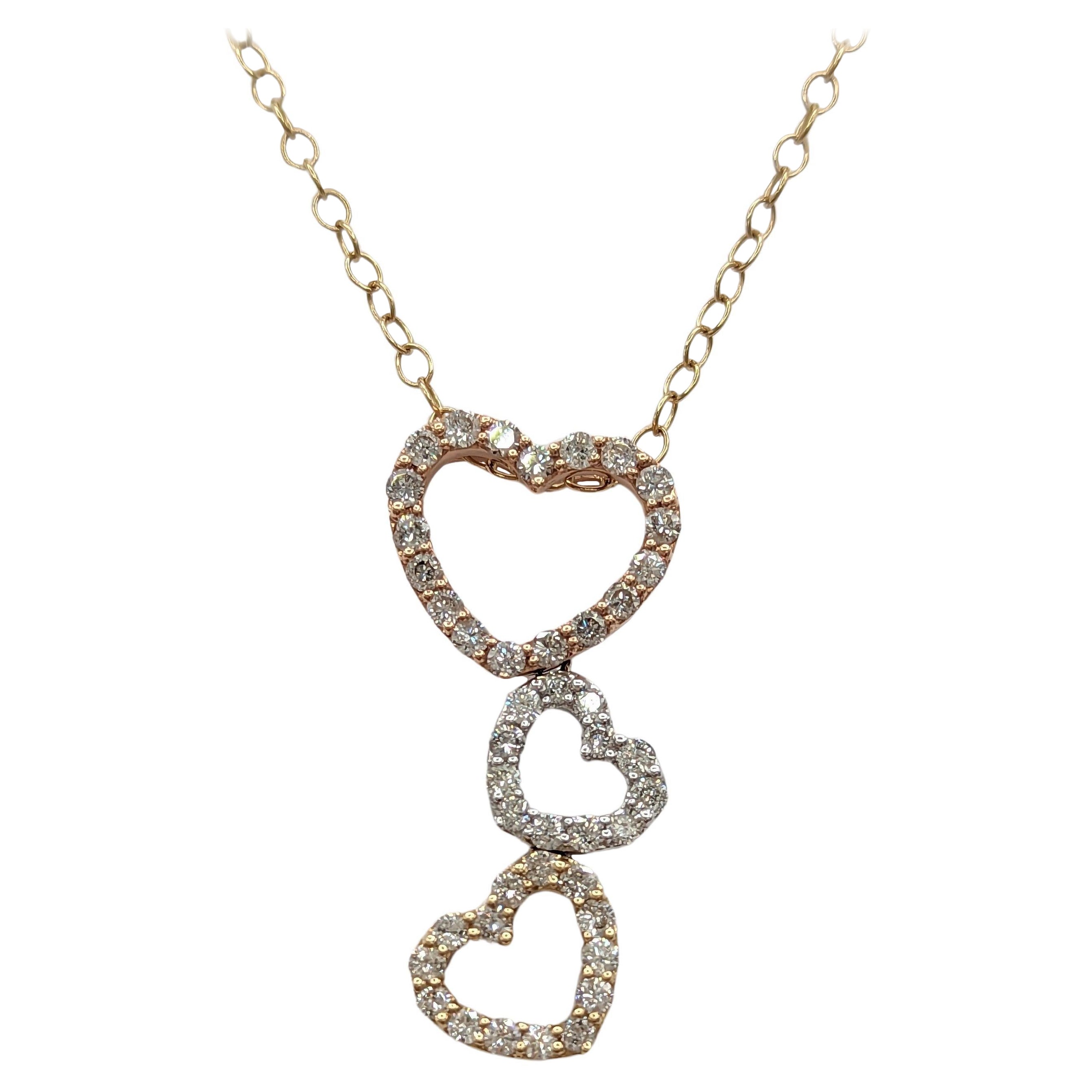 White Diamond Triple Hearts Pendant Necklace in 14K Three Tone Gold For Sale