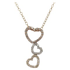 White Diamond Triple Hearts Pendant Necklace in 14K Three Tone Gold