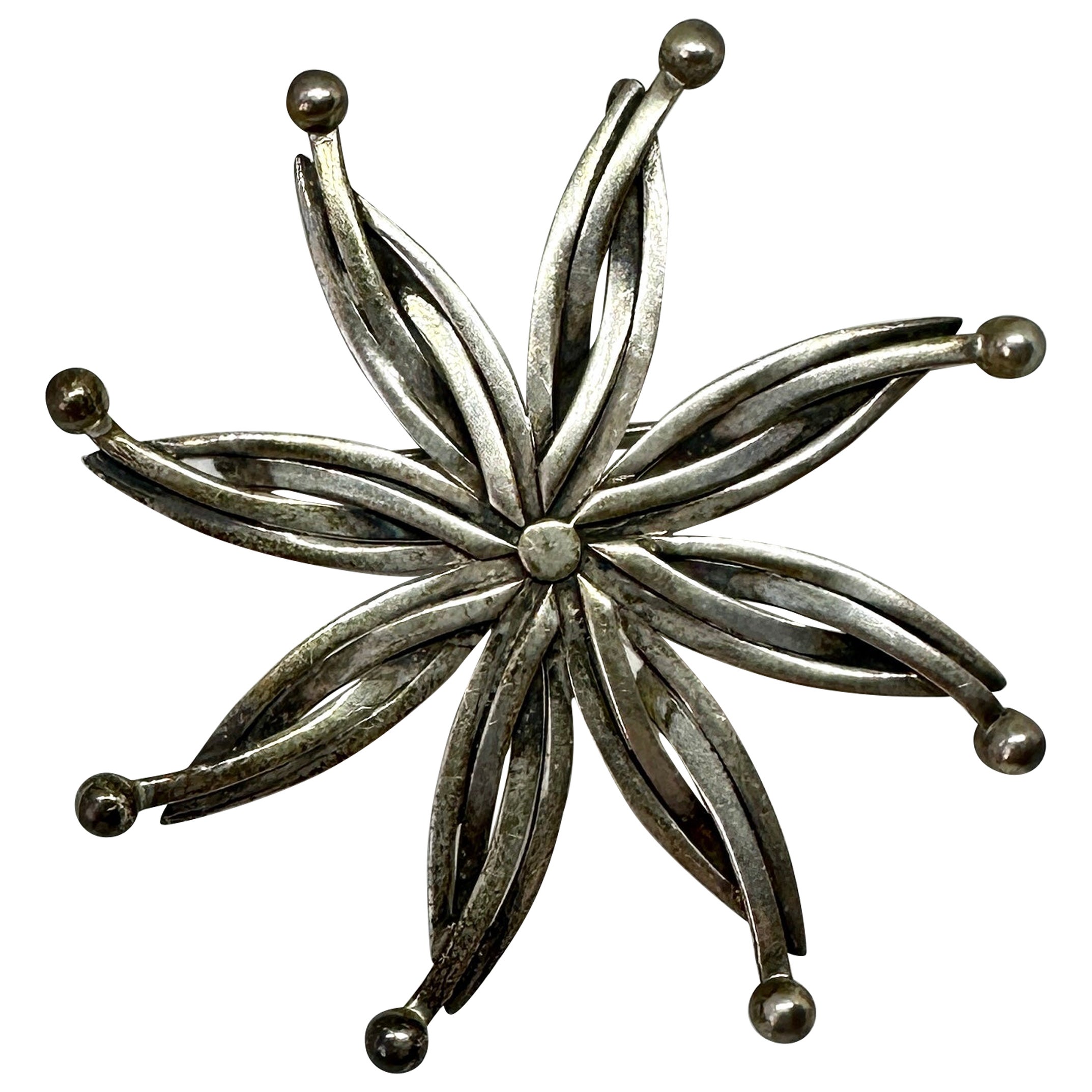 Sonnenblumen-Anhänger-Brosche Modernistisches Sterlingsilber Mid-Century Mexikanisch Mexiko