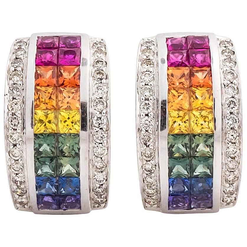 1990s Rainbow Sapphire & Diamond 2 carats Clip-Back 18 karat White Gold Earrings