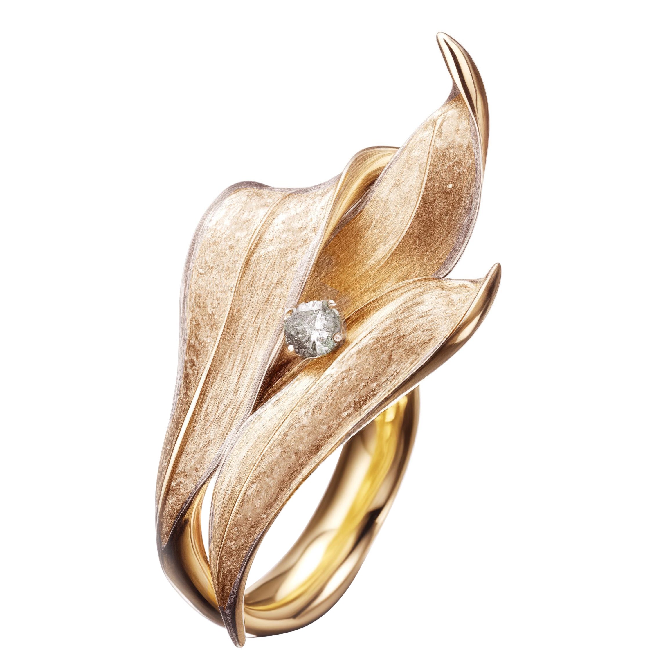 Eighteen Karat Yellow Gold Contemporary Lily of The Valley Ring with Diamond