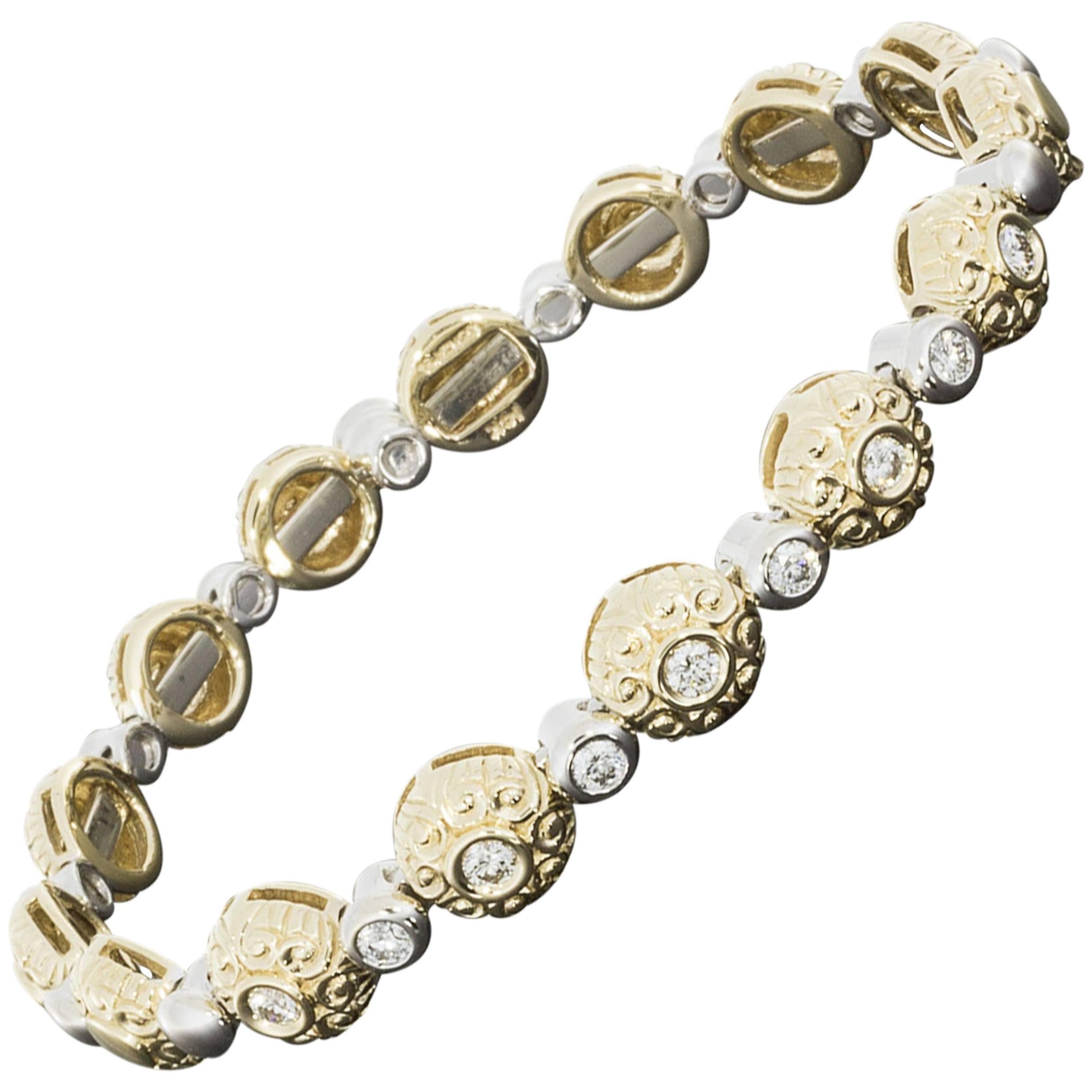 Sonia B Unique Two Tone Gold Diamond Flexible Bangle Bracelet with Scroll Design