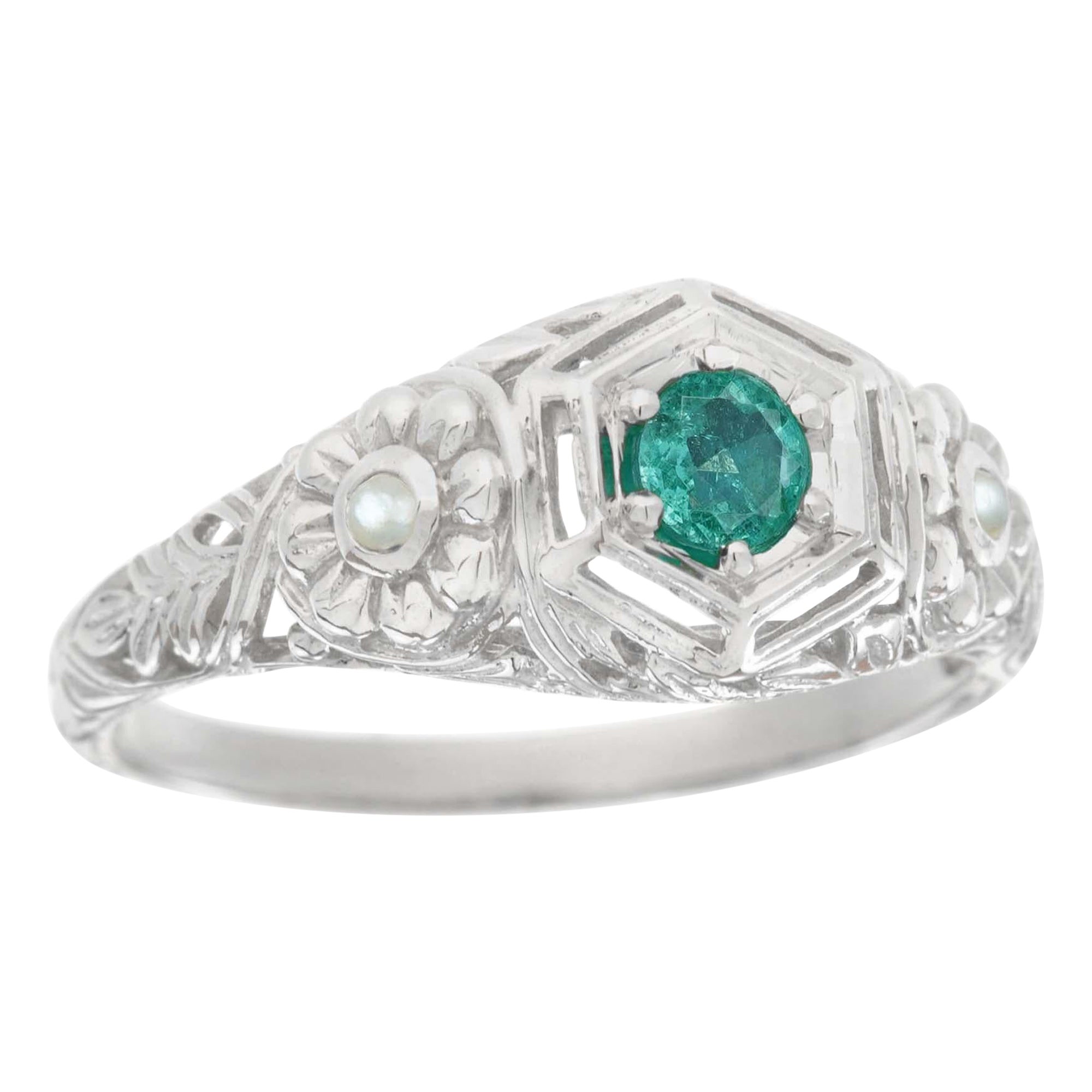 For Sale:  Natural Emerald Pearl Floral Filigree Ring in Solid 9K White Gold