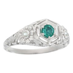 Natural Emerald Pearl Floral Filigree Ring in Solid 9K White Gold
