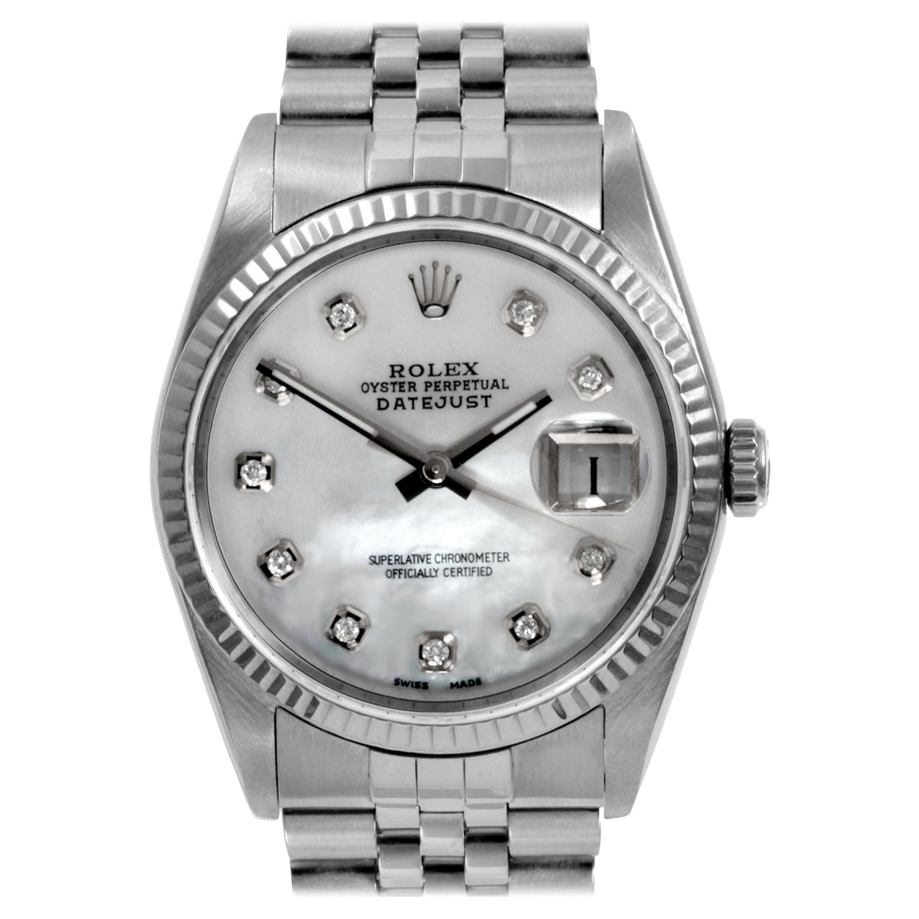 Rolex jubilee Datejuts blanc MOP en acier et diamants 36 mm en vente
