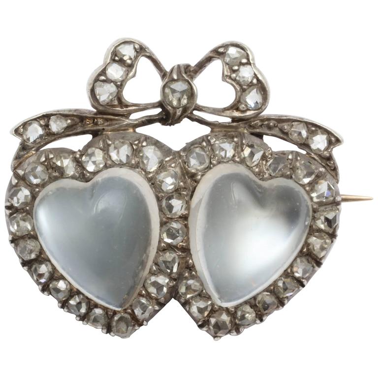 Victorian Moonstone Diamond Silver Gold Double Heart Brooch For Sale at