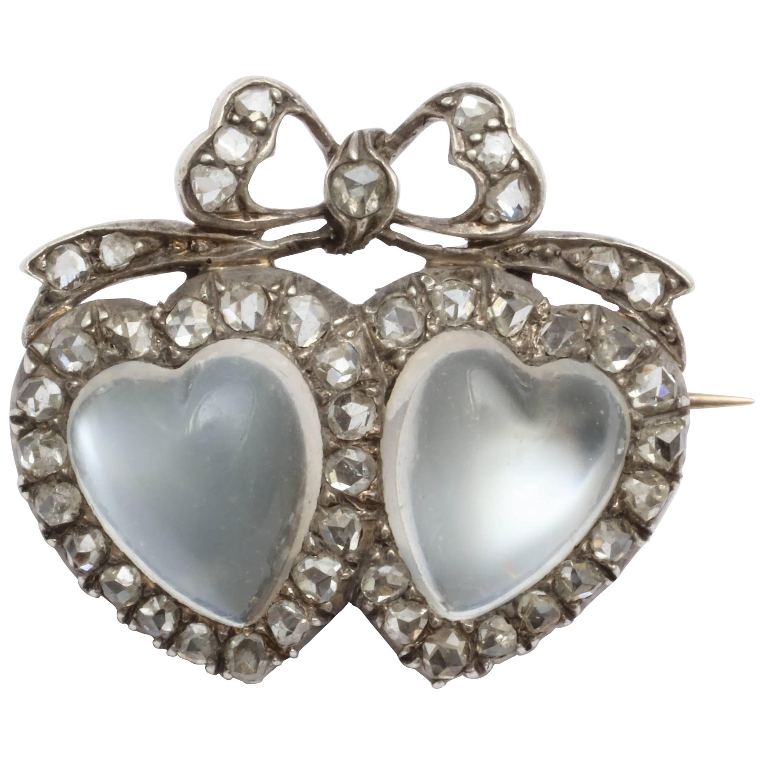 Victorian Moonstone Diamond Silver Gold Double Heart Brooch For Sale