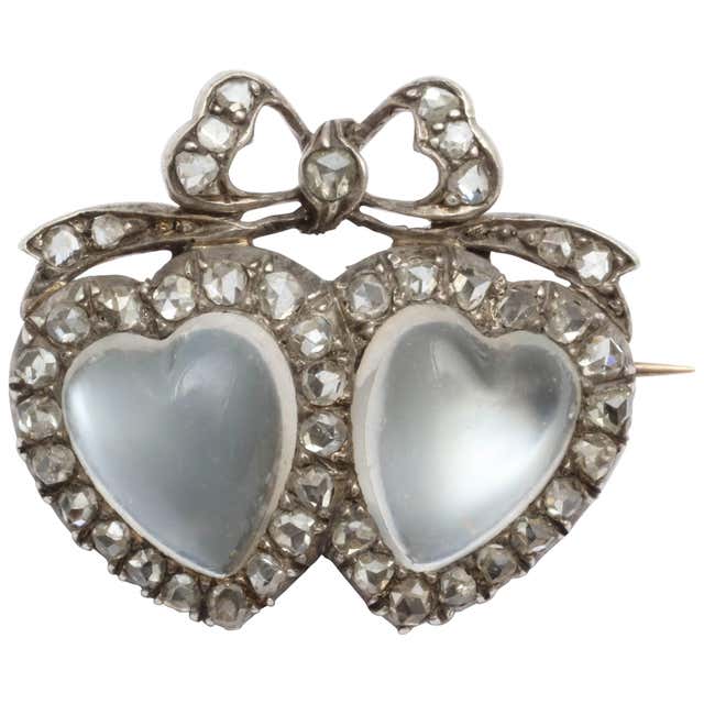 Victorian Moonstone Diamond Silver Gold Double Heart Brooch For Sale at ...