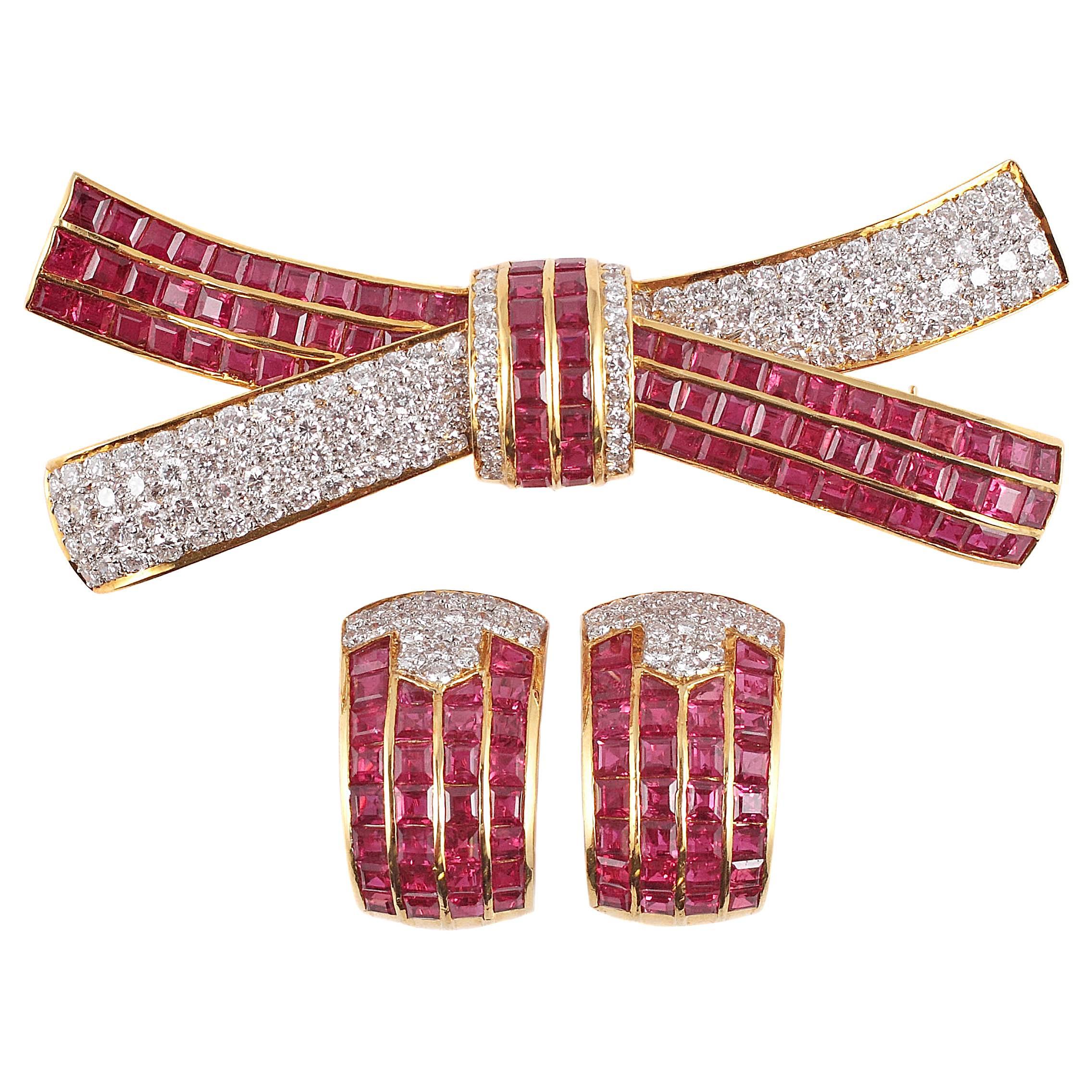  Ruby diamond brooch with matching earrings