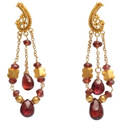 Garnet and Granulated High Karat Gold Dangle Earrings