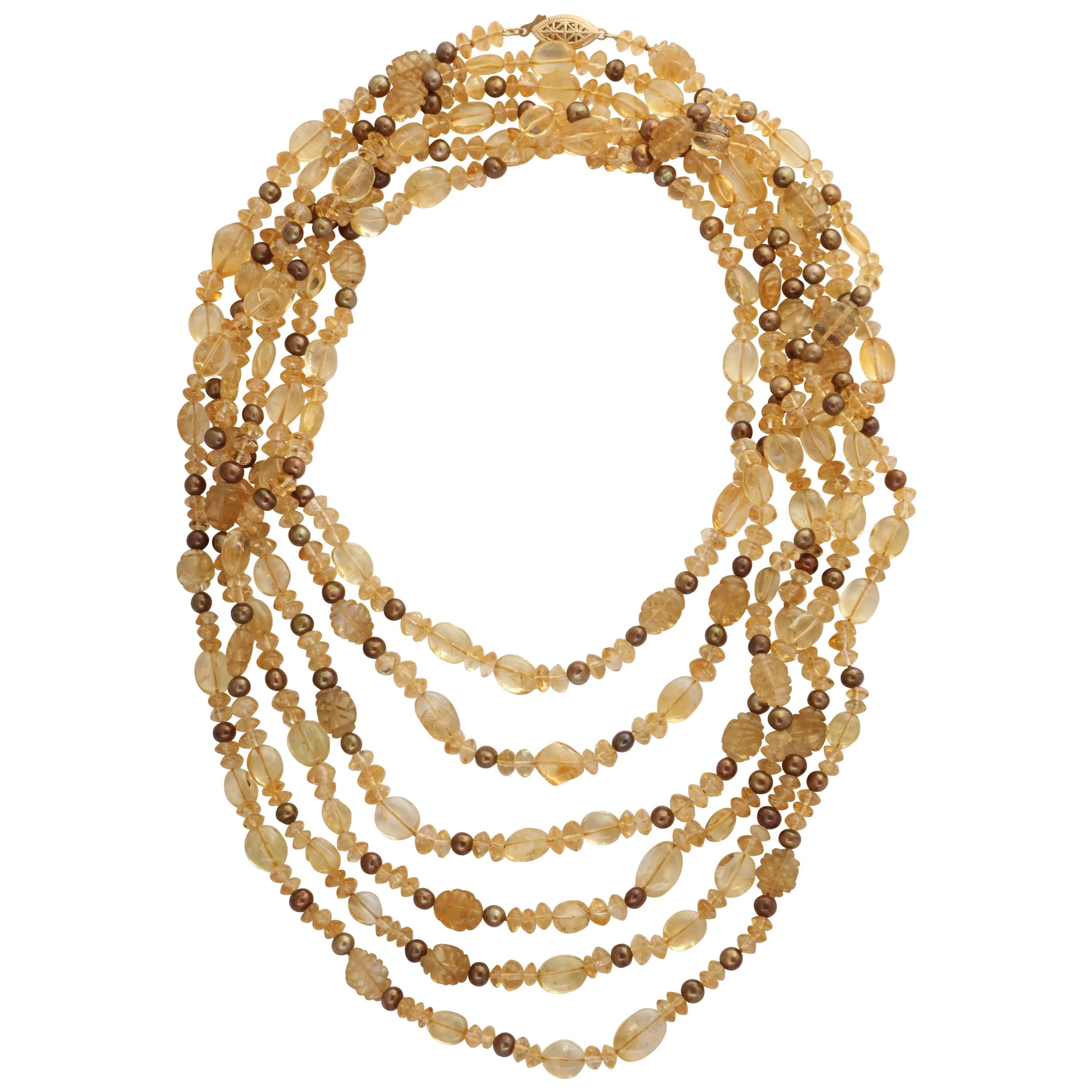 Extra Long Citrine and Brown Pearl 124 in. Necklace For Sale