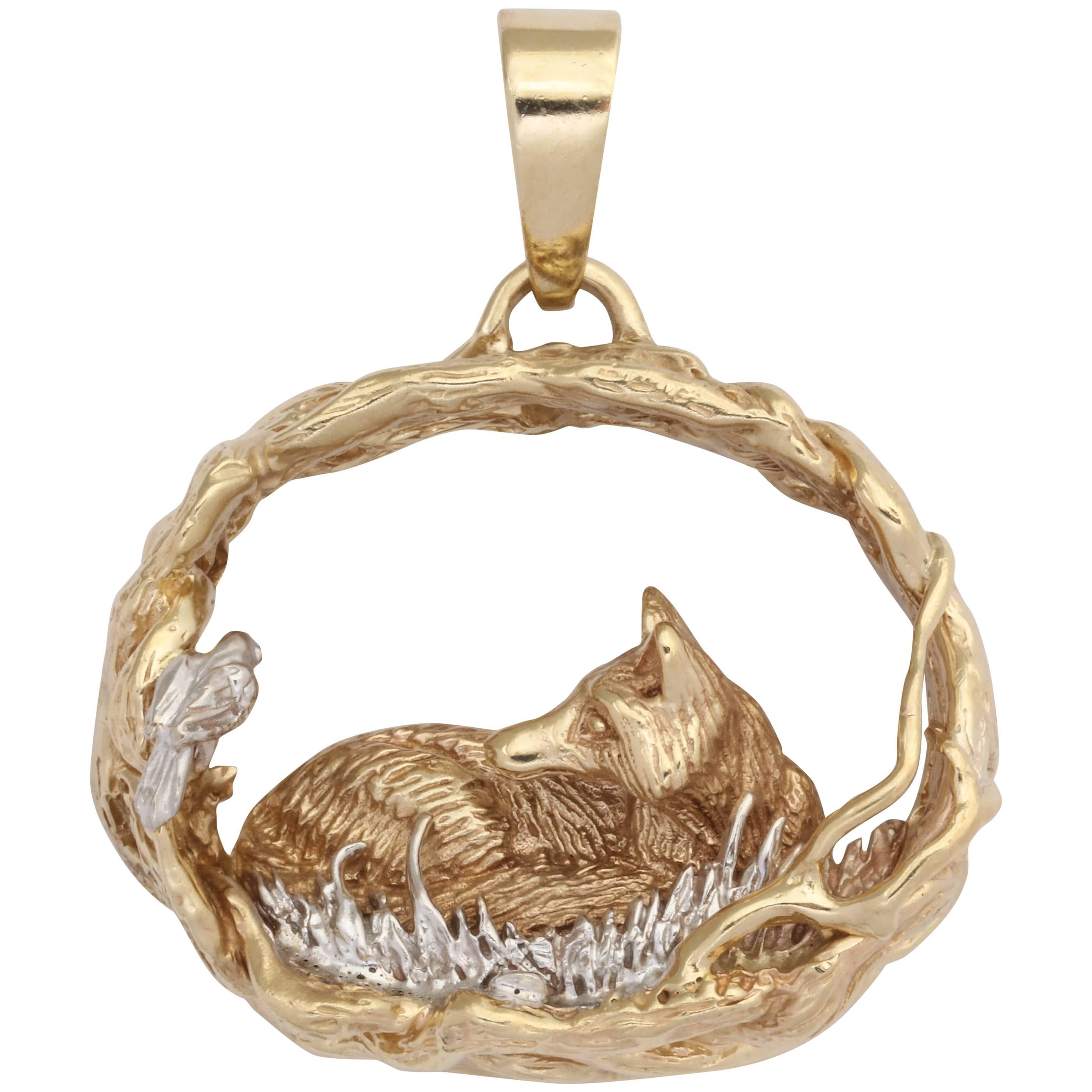 Rare Gold Fox in his Den Pendant For Sale