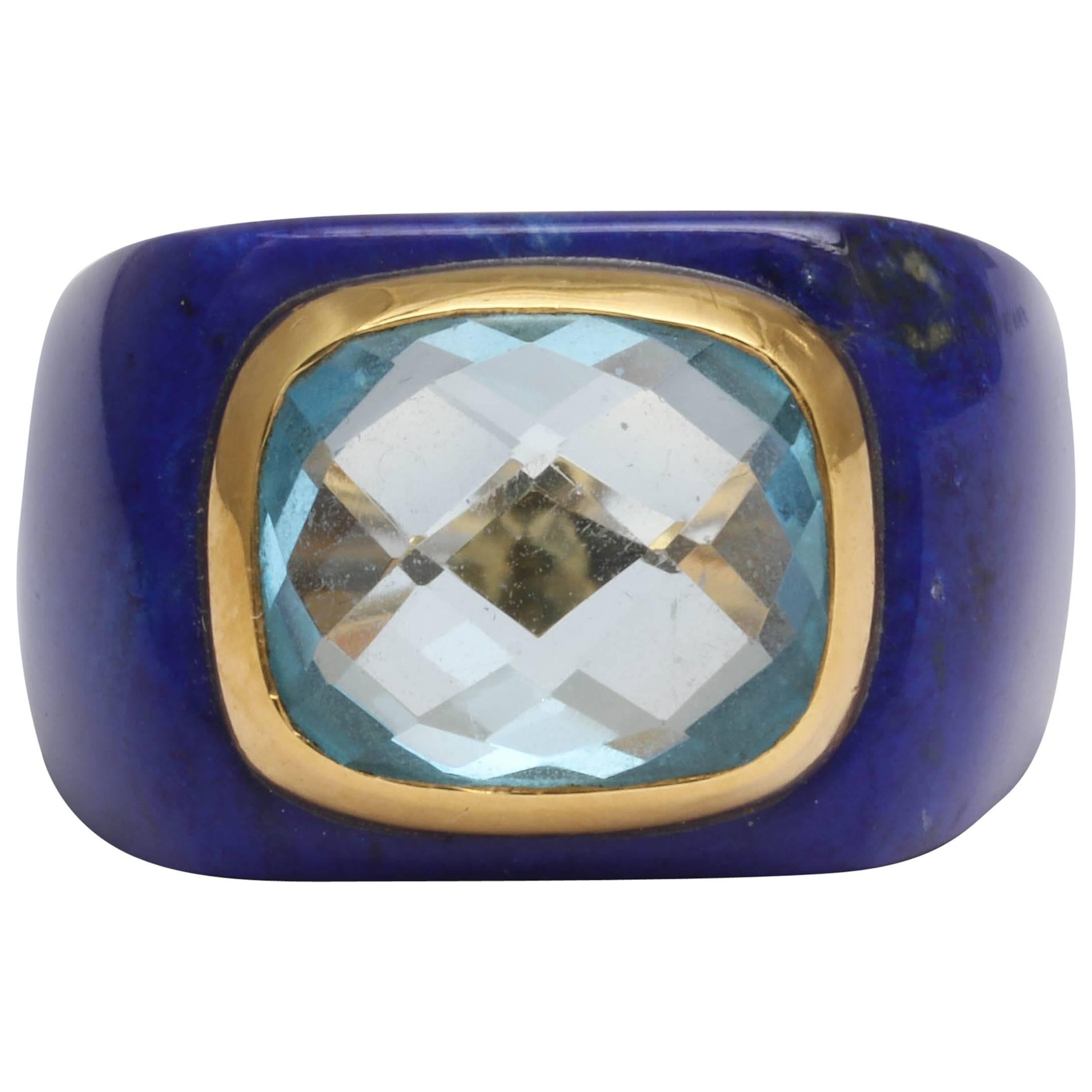 Stunning Lapis and Blue Topaz Gold Ring For Sale