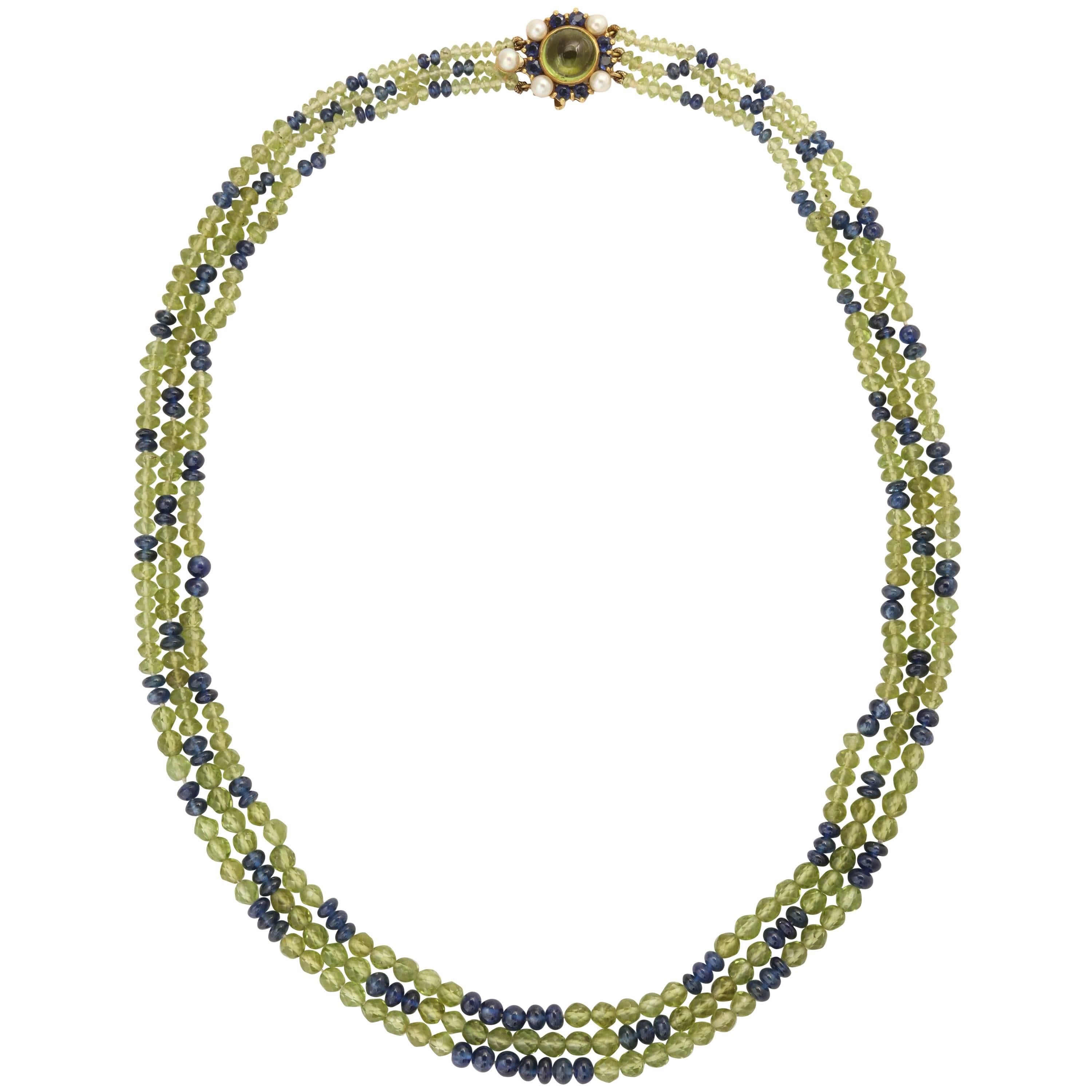 Helen Ringus Unique Pearl Peridot Sapphire Gold Necklace For Sale