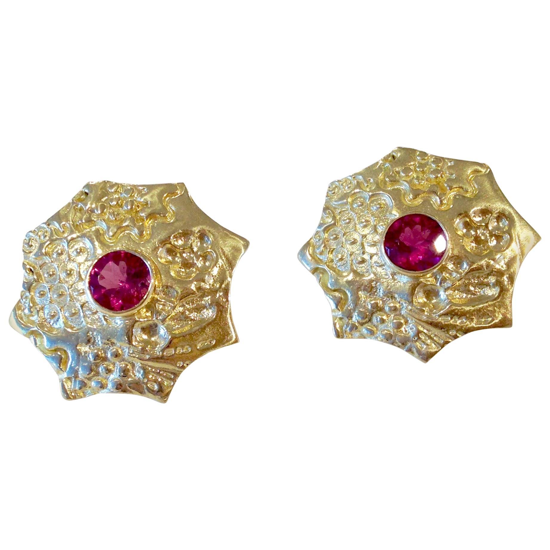 Red Tourmaline and 18k Gold Sea Urchin Earrings For Sale