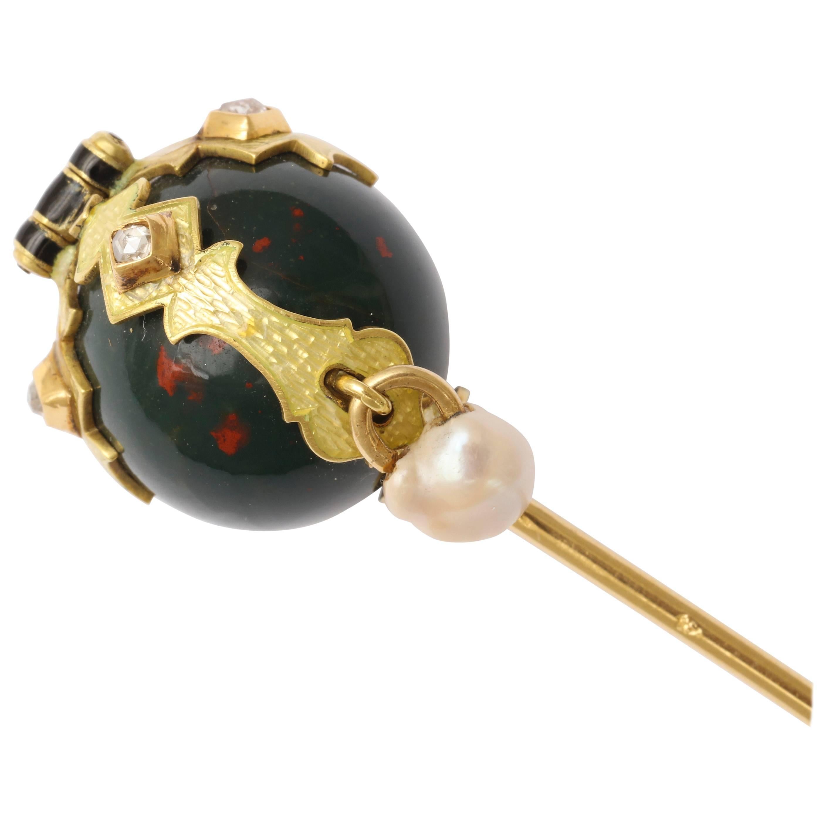  Scottish Lapel Pin with Natural Pearl, Rose Diamonds and Bloodstone