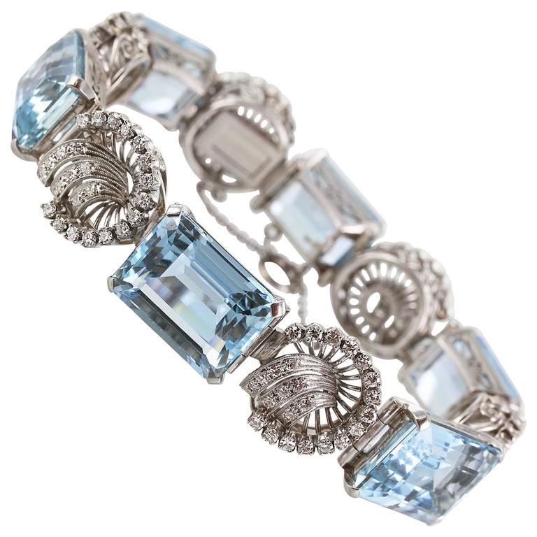 Retro Large Aquamarine Diamond Bracelet For Sale at 1stDibs