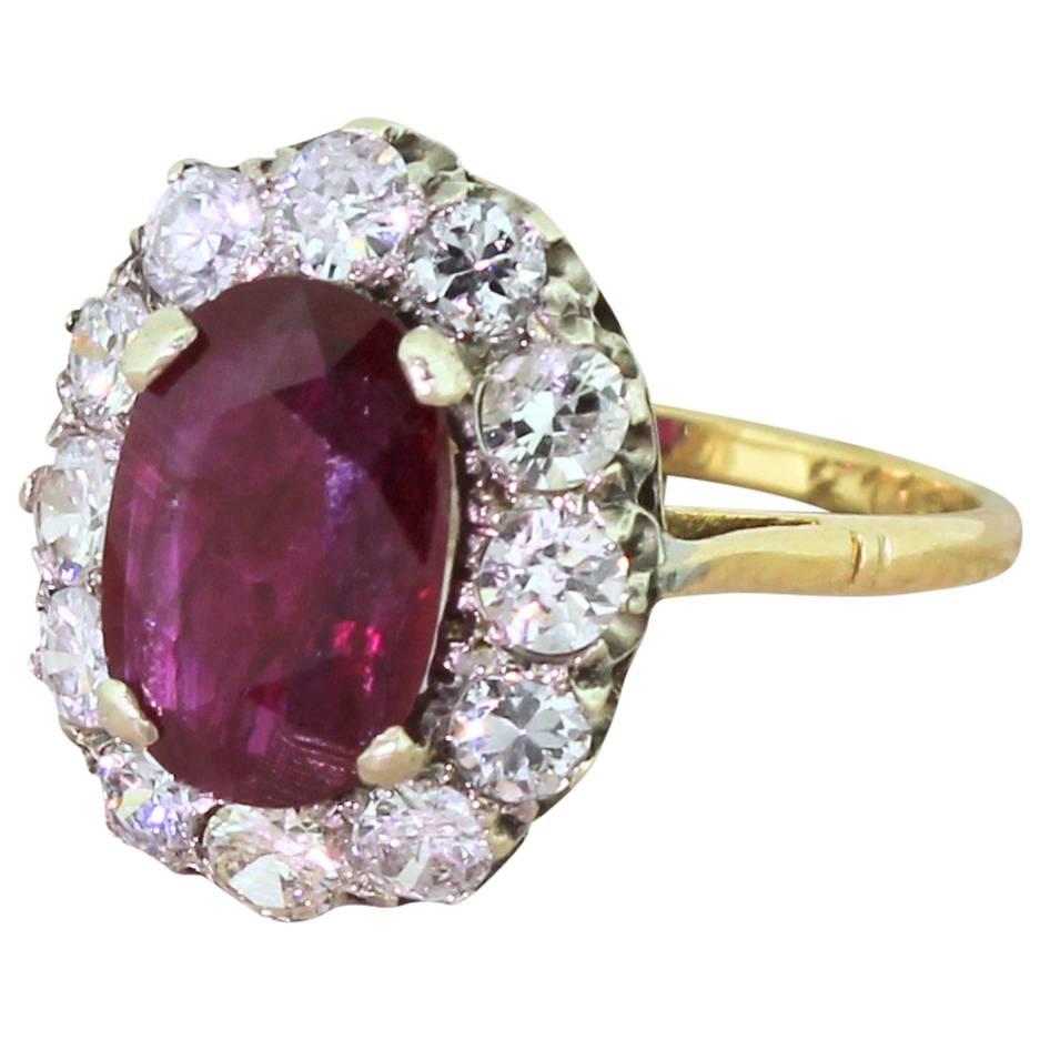 Mid Century 2.30 Carat Natural Ruby & Brilliant Cut Diamond Cluster For Sale