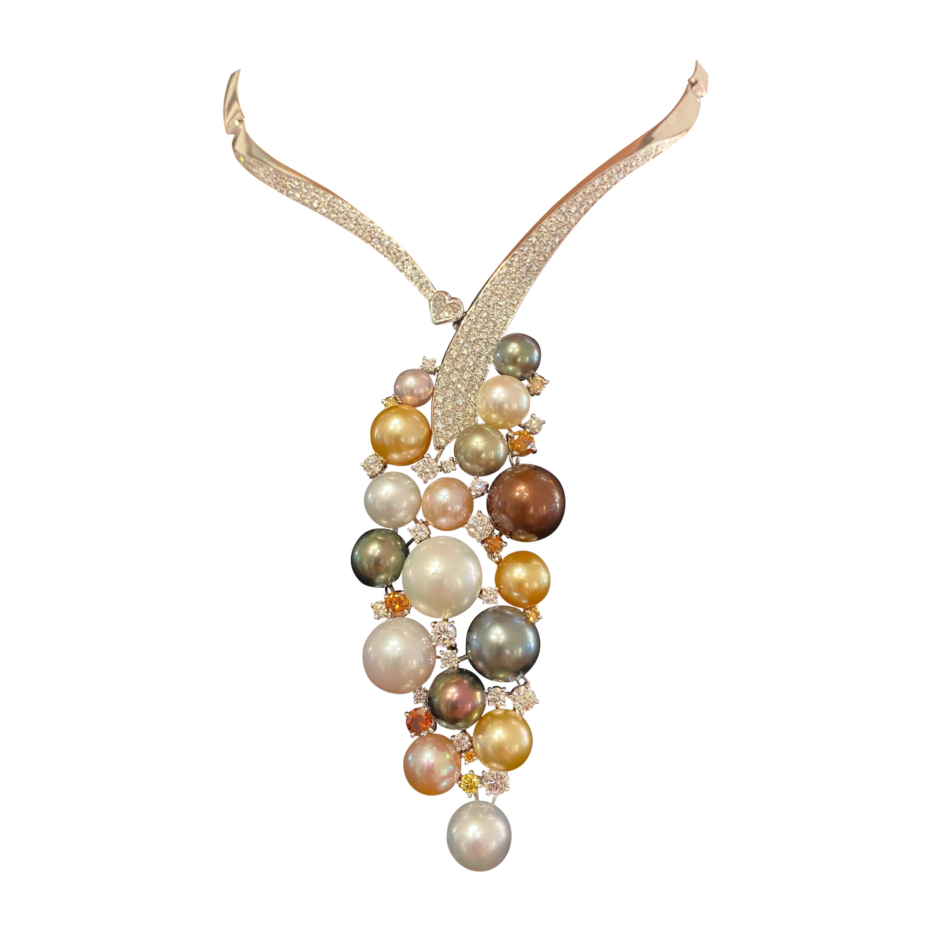 SCAVIA Diamond Pavè Round White And Diamond Polychrom Pearls Necklace For Sale