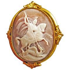 Antique Victorian Saint George and Dragon Gold Cameo Brooch 